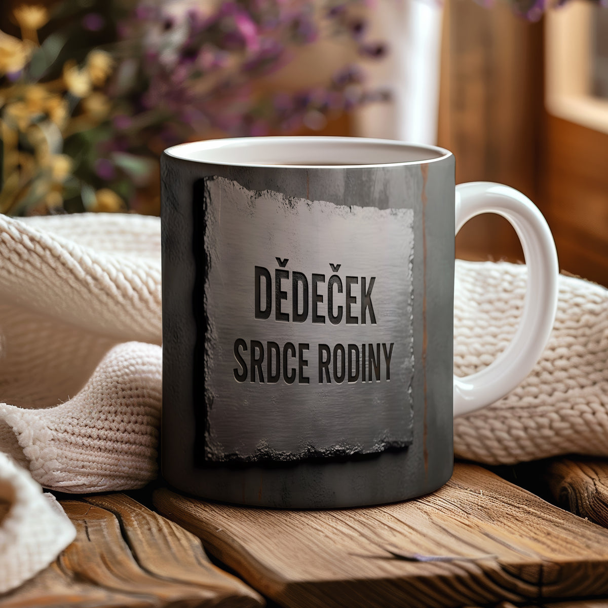 Rustikální hrnek s nápisem 'DĚDEČEK SRDCE RODINY' na kovovém pozadí.