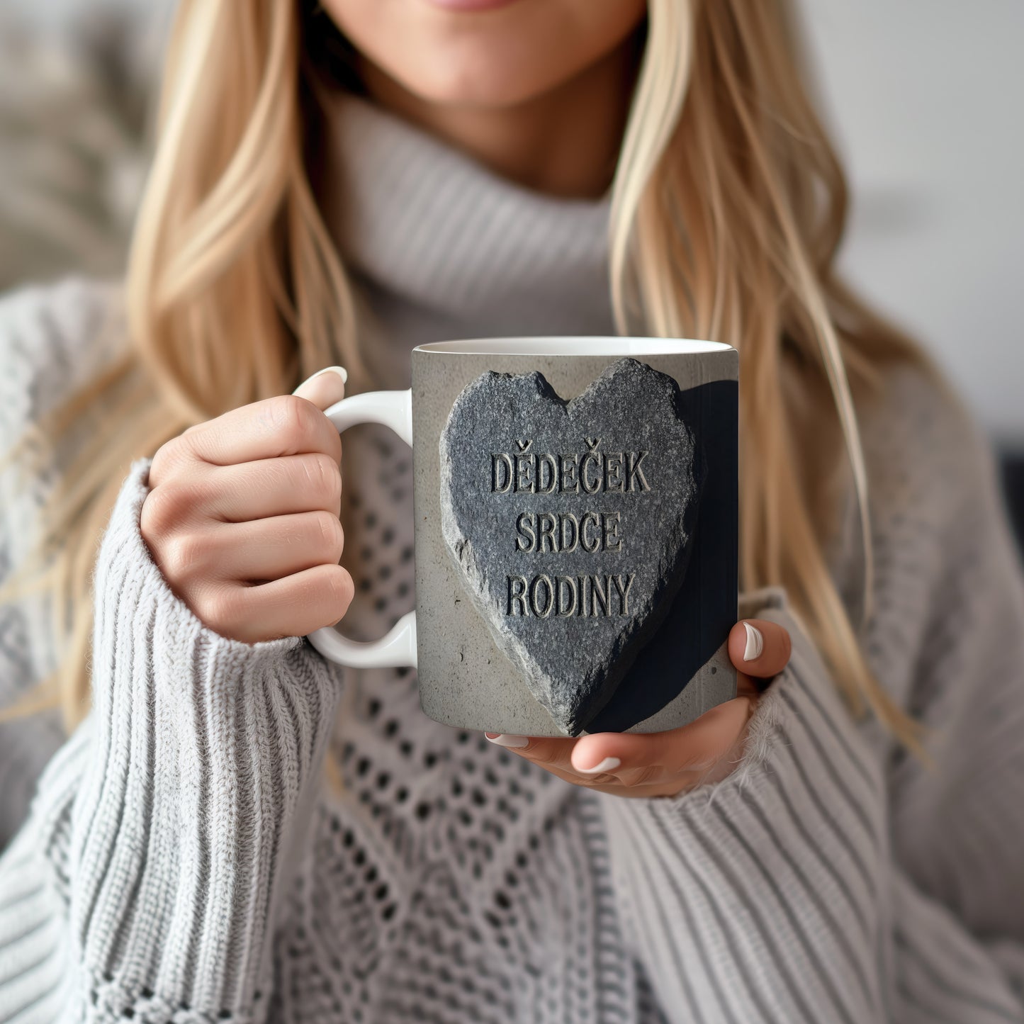 Hrnek s nápisem 'DĚDEČEK SRDCE RODINY' na kamenném srdci.