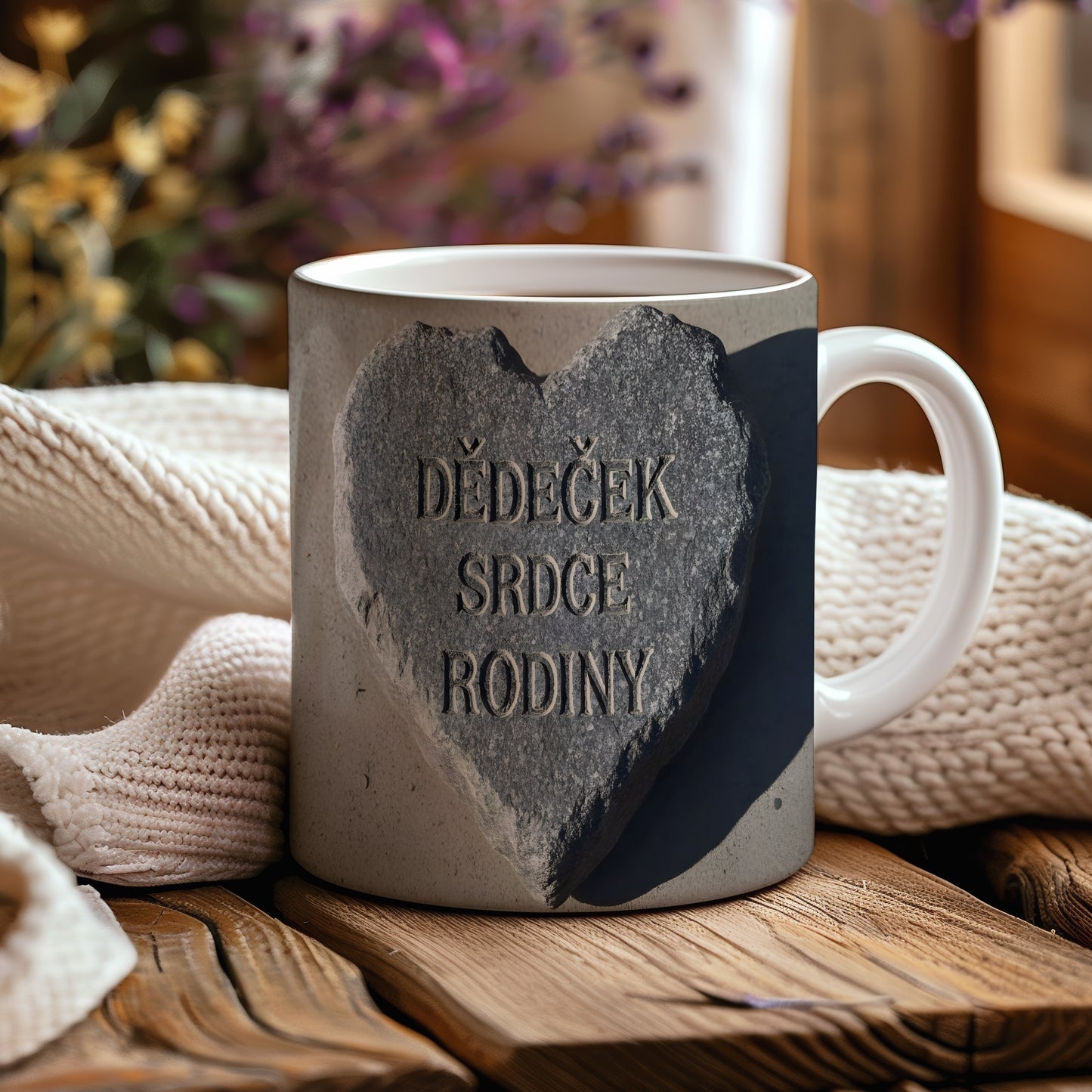 Hrnek s nápisem 'DĚDEČEK SRDCE RODINY' na kamenném srdci.