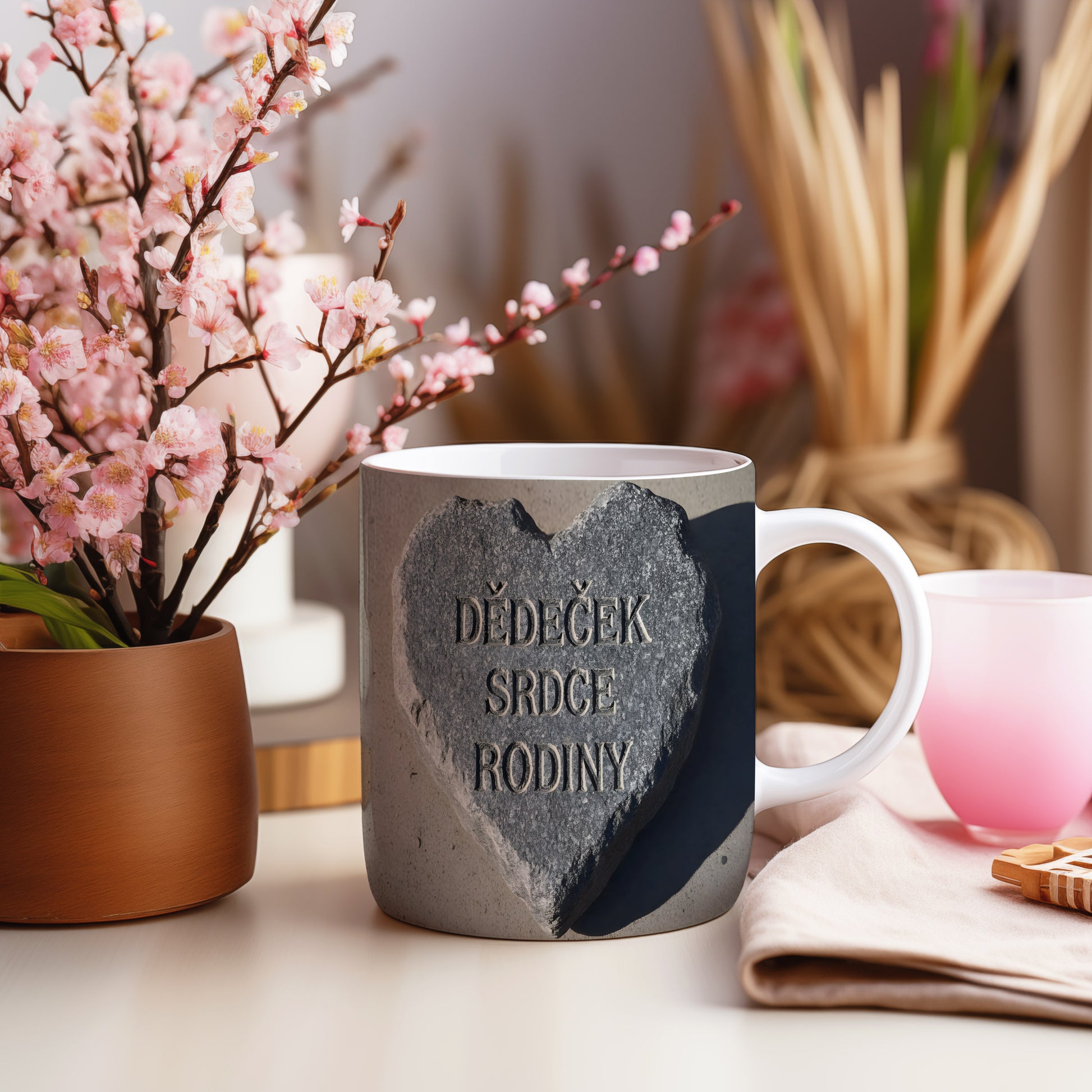 Hrnek s nápisem 'DĚDEČEK SRDCE RODINY' na kamenném srdci.
