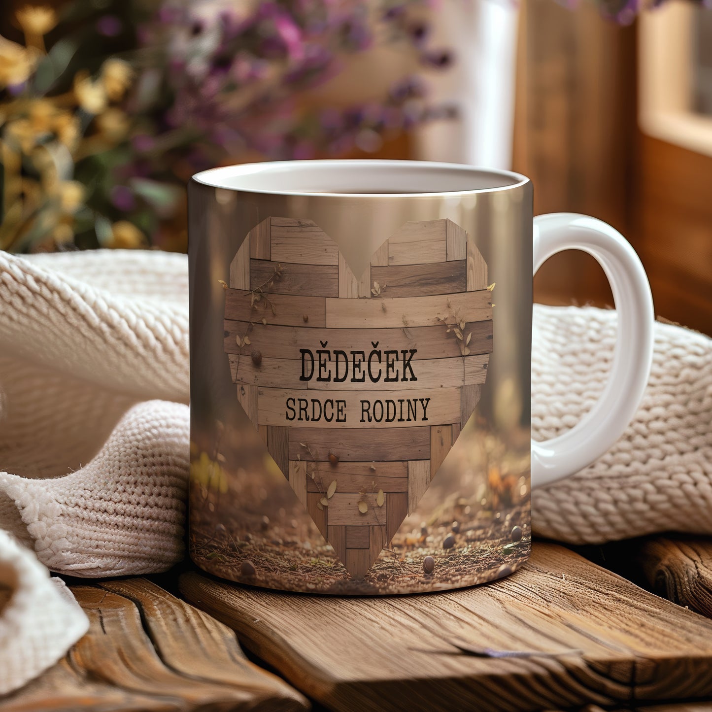 Hrnek s nápisem DĚDEČEK SRDCE RODINY a dřevěným srdcem.