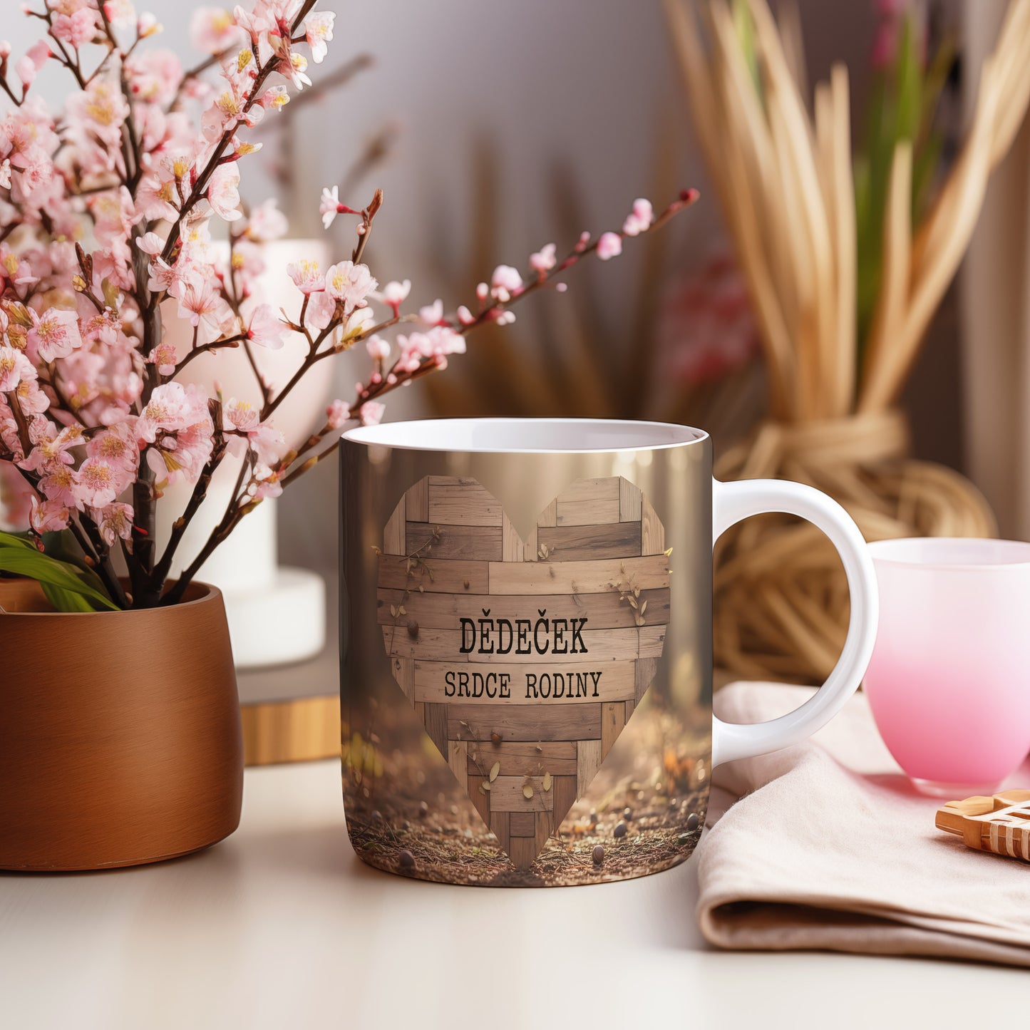 Hrnek s nápisem DĚDEČEK SRDCE RODINY a dřevěným srdcem.
