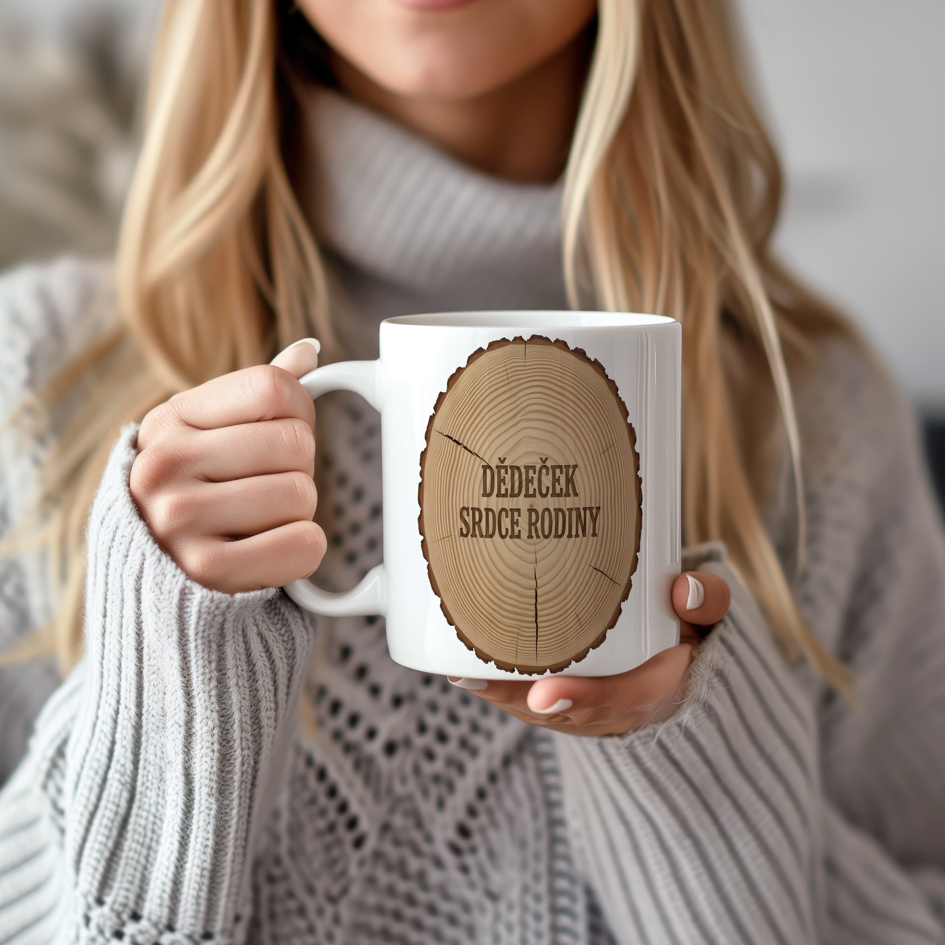 Bílý hrnek s dřevěným motivem a nápisem DĚDEČEK SRDCE RODINY.