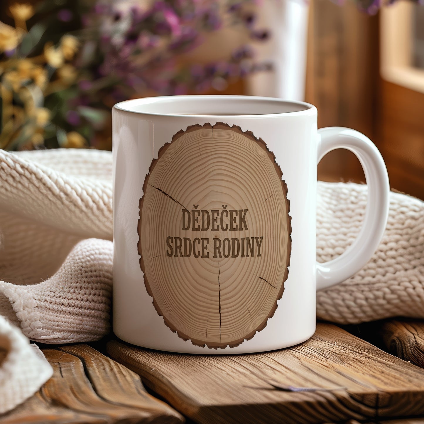 Bílý hrnek s dřevěným motivem a nápisem DĚDEČEK SRDCE RODINY.