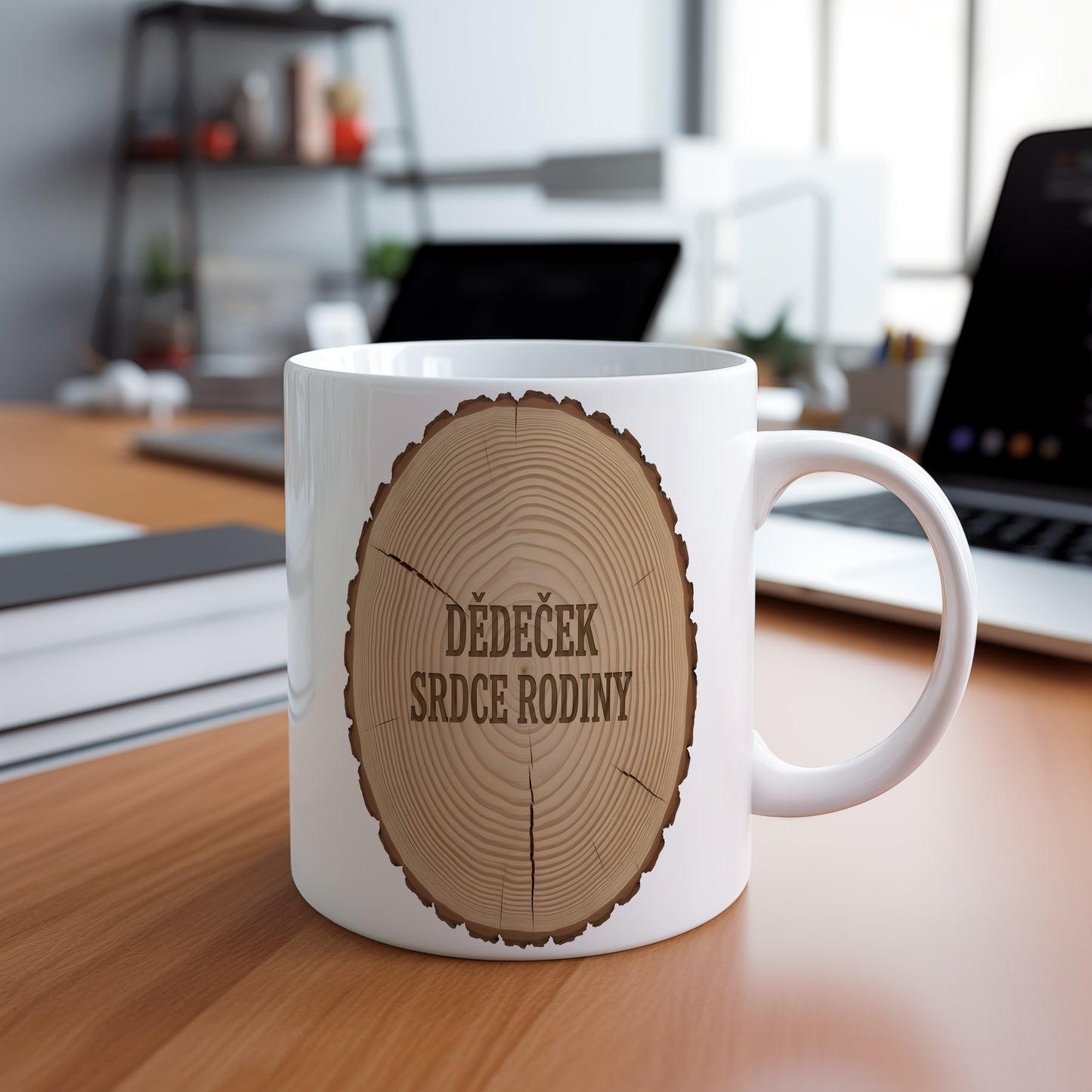 Bílý hrnek s dřevěným motivem a nápisem DĚDEČEK SRDCE RODINY.