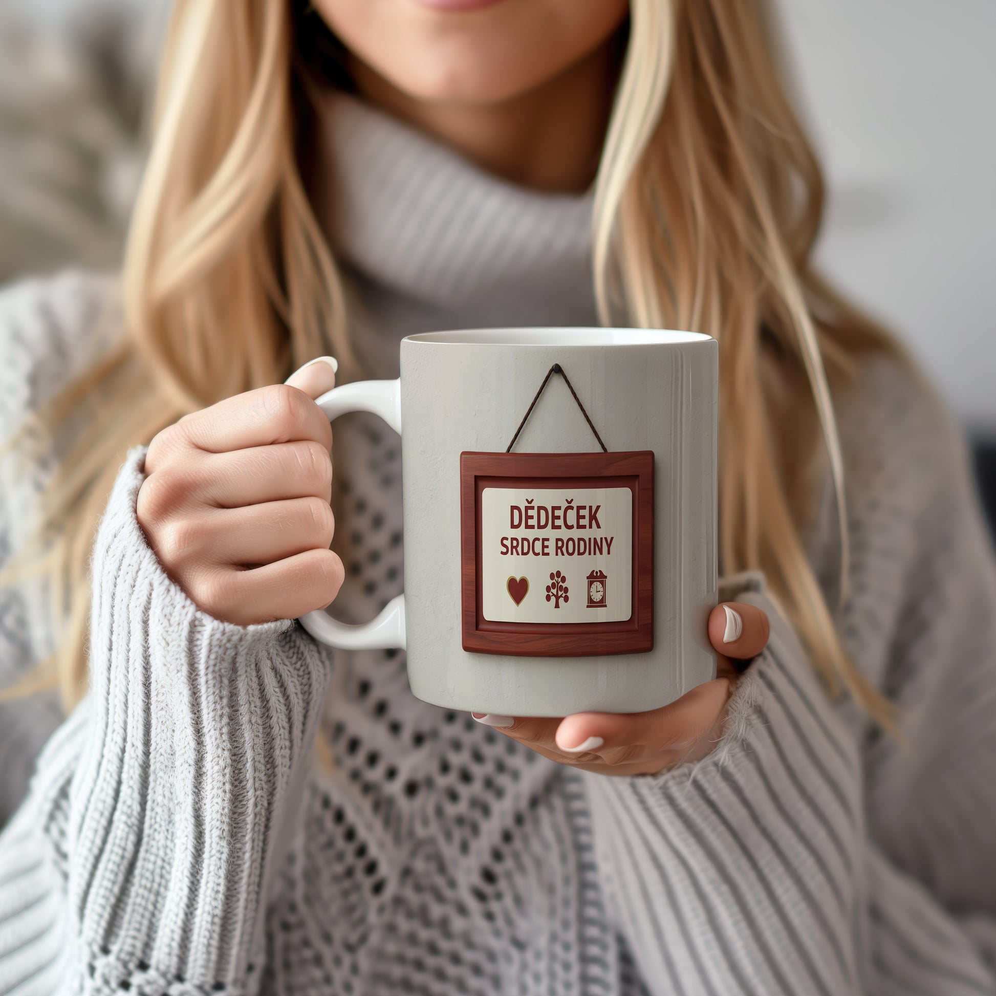 Hrnek s nápisem 'DĚDEČEK SRDCE RODINY' s rustikálním motivem.