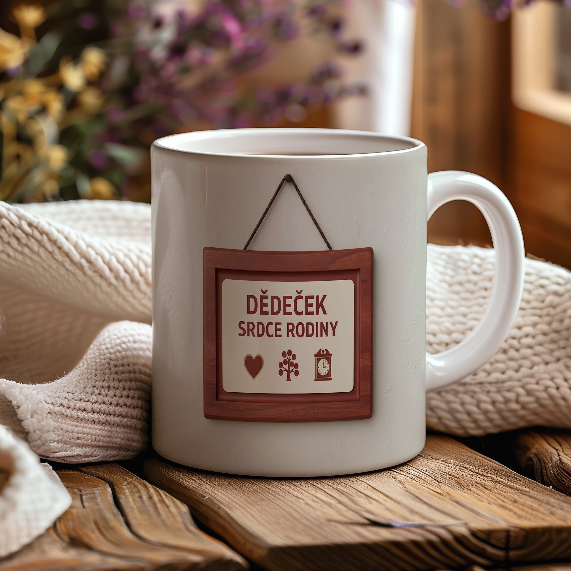 Hrnek s nápisem 'DĚDEČEK SRDCE RODINY' s rustikálním motivem.