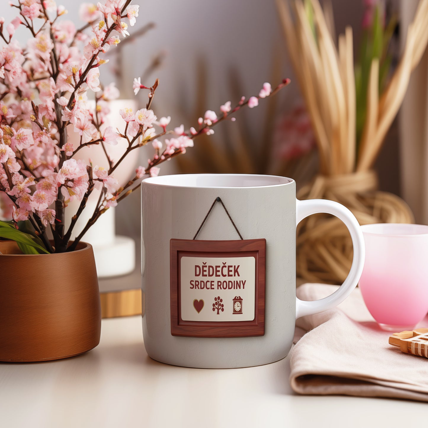 Hrnek s nápisem 'DĚDEČEK SRDCE RODINY' s rustikálním motivem.