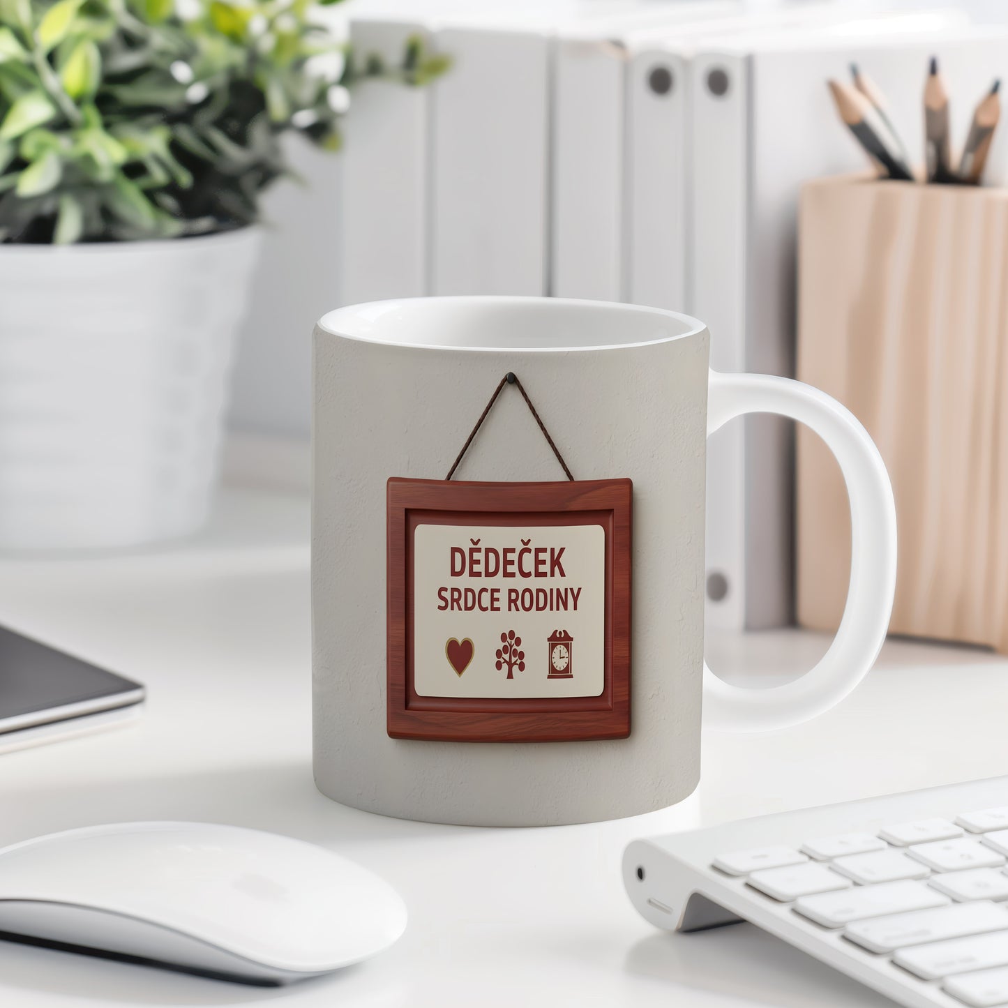 Hrnek s nápisem 'DĚDEČEK SRDCE RODINY' s rustikálním motivem.