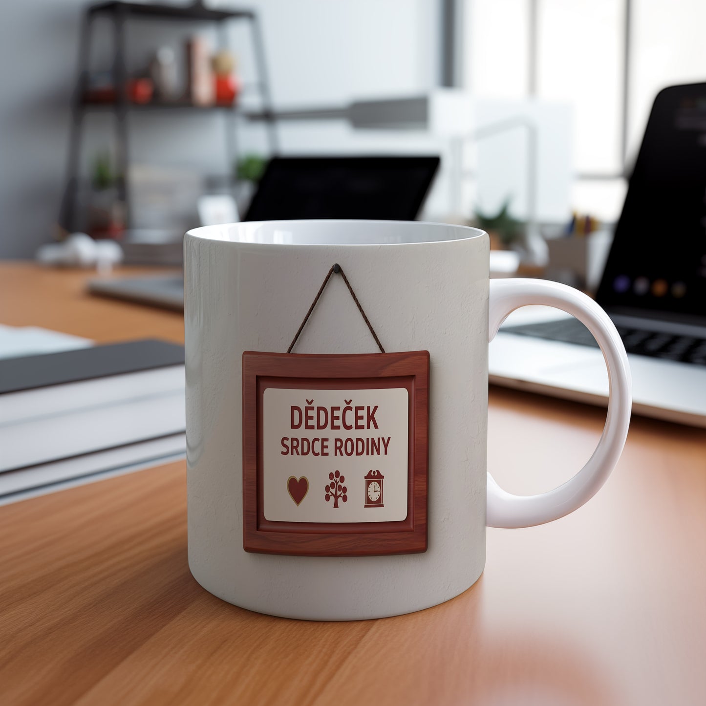 Hrnek s nápisem 'DĚDEČEK SRDCE RODINY' s rustikálním motivem.