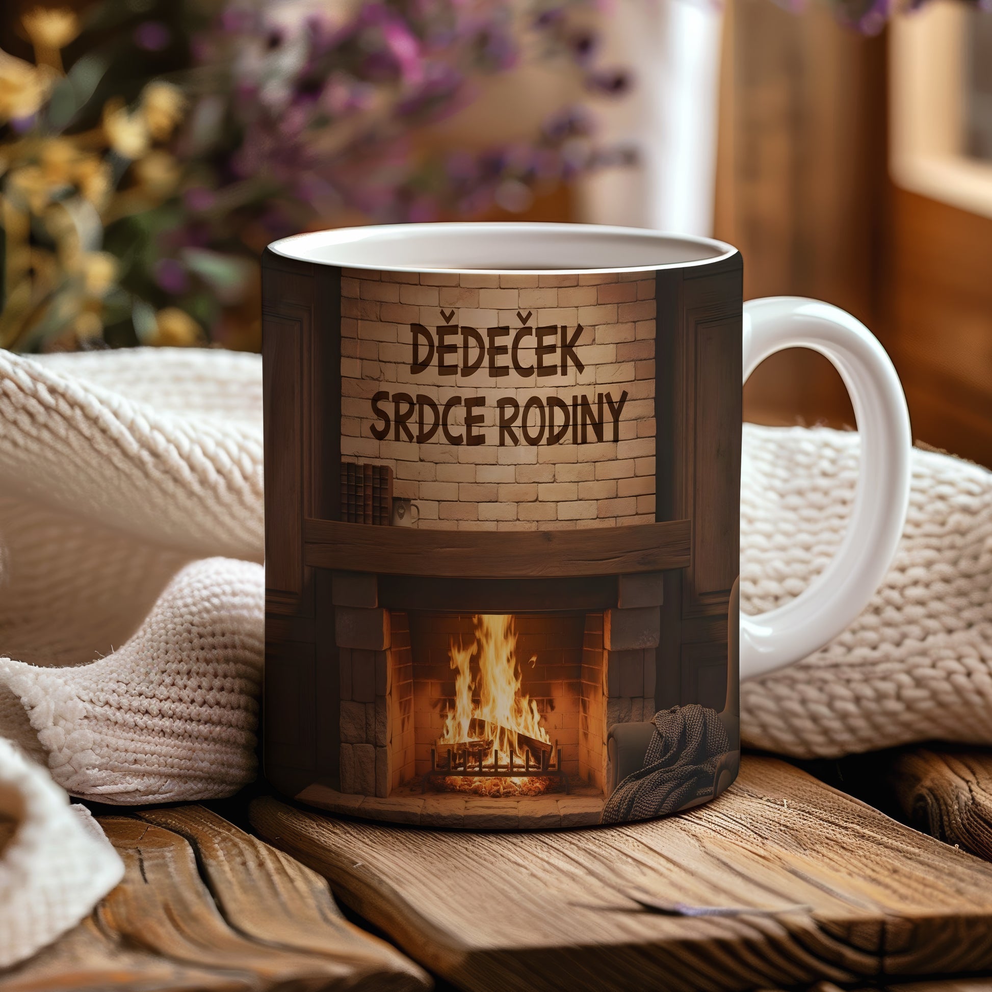 Hrnek s nápisem 'DĚDEČEK SRDCE RODINY' a motivem krbu.