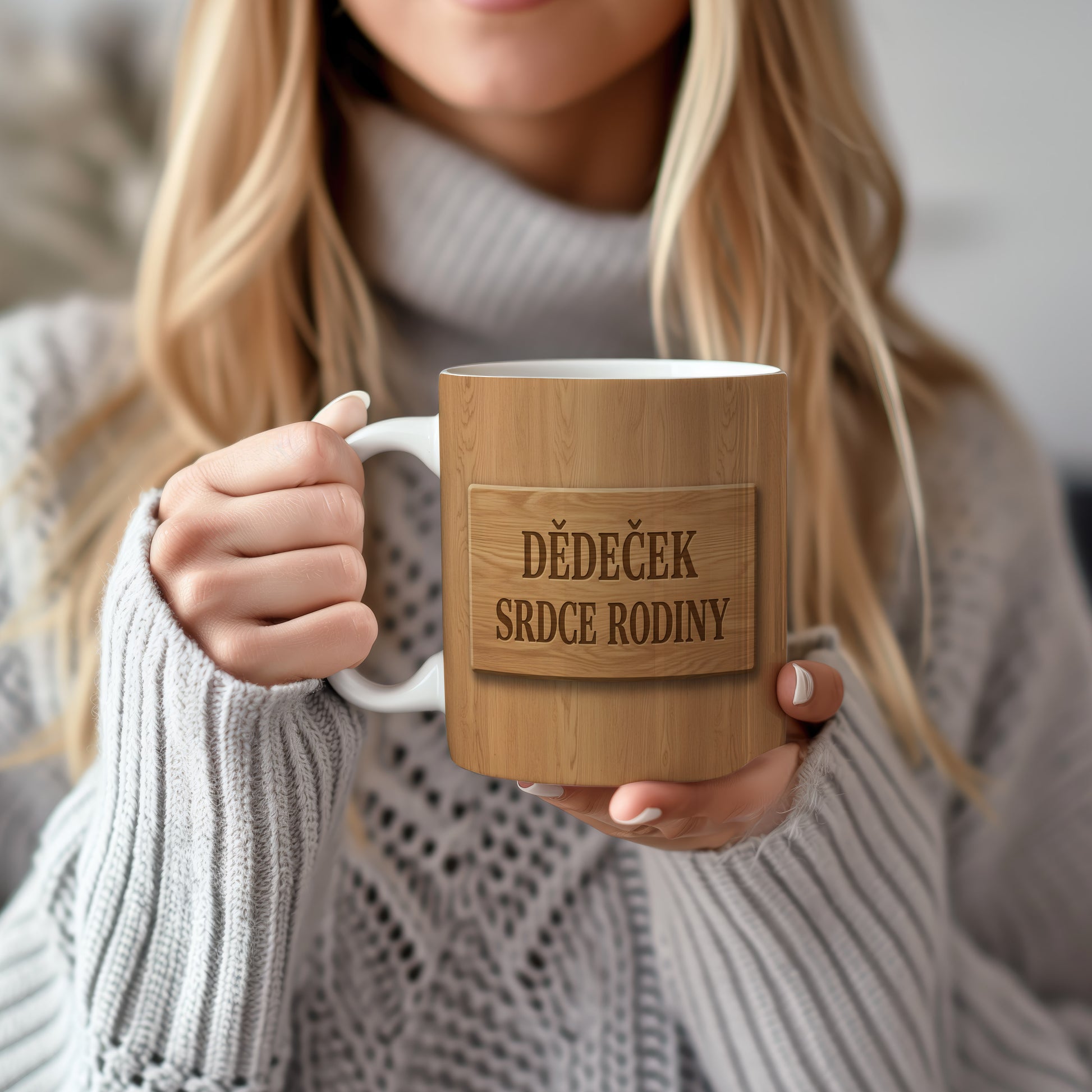 Bílý hrnek s dřevěným vzhledem a nápisem 'DĚDEČEK SRDCE RODINY'.