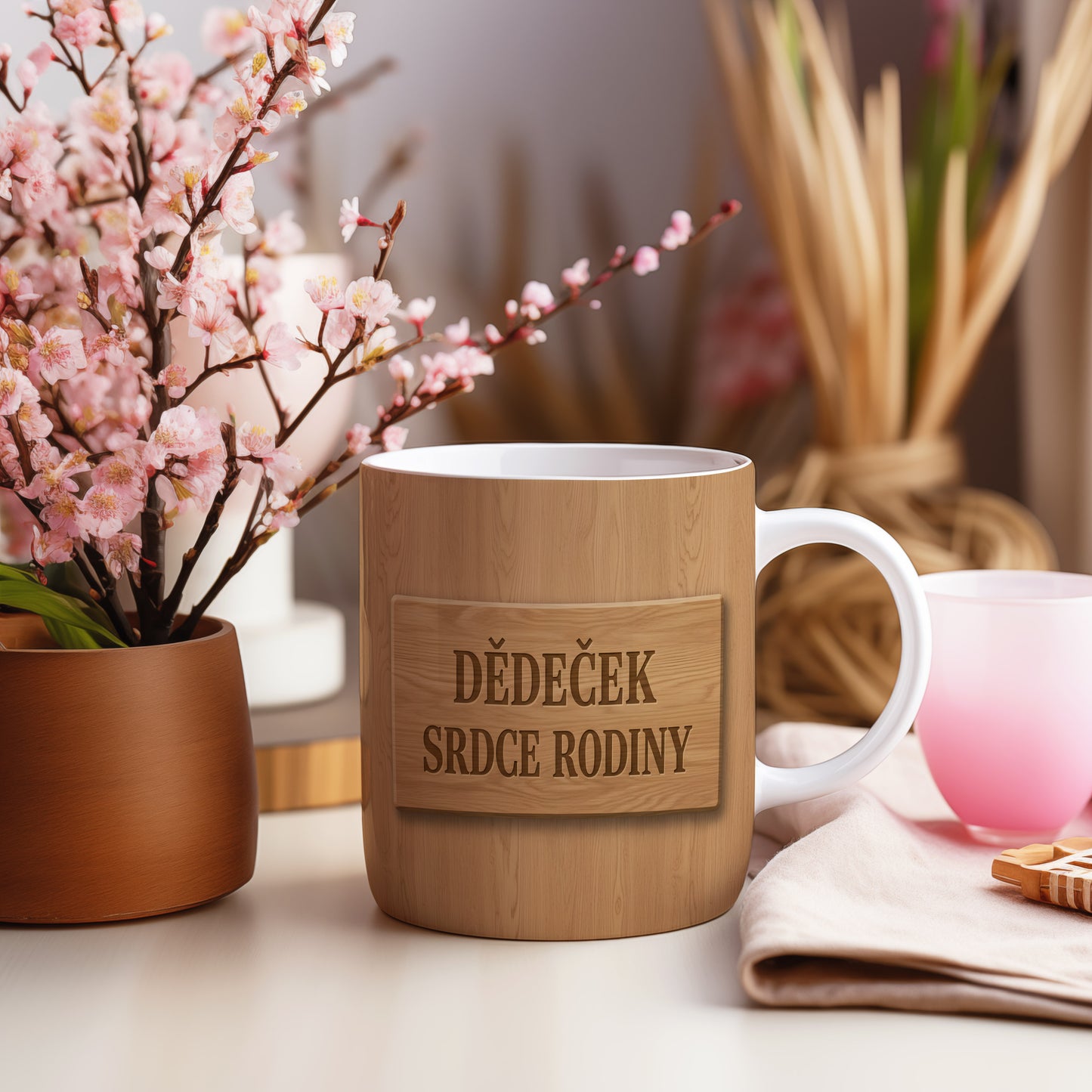 Bílý hrnek s dřevěným vzhledem a nápisem 'DĚDEČEK SRDCE RODINY'.