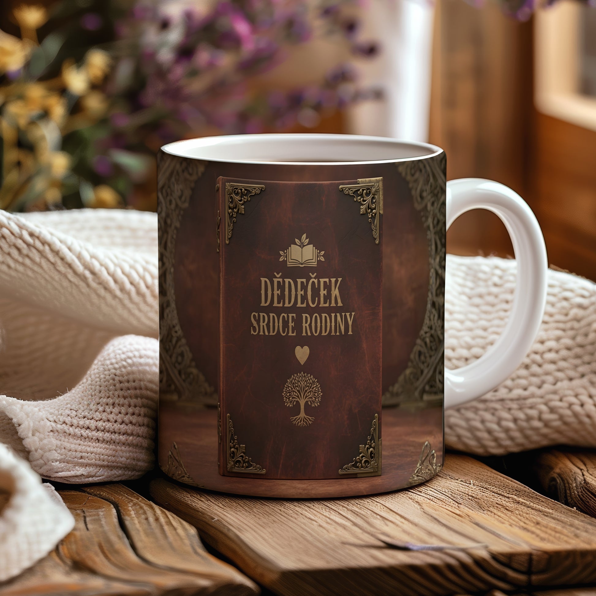 Hnědý hrnek s vintage designem a nápisem DĚDEČEK SRDCE RODINY.