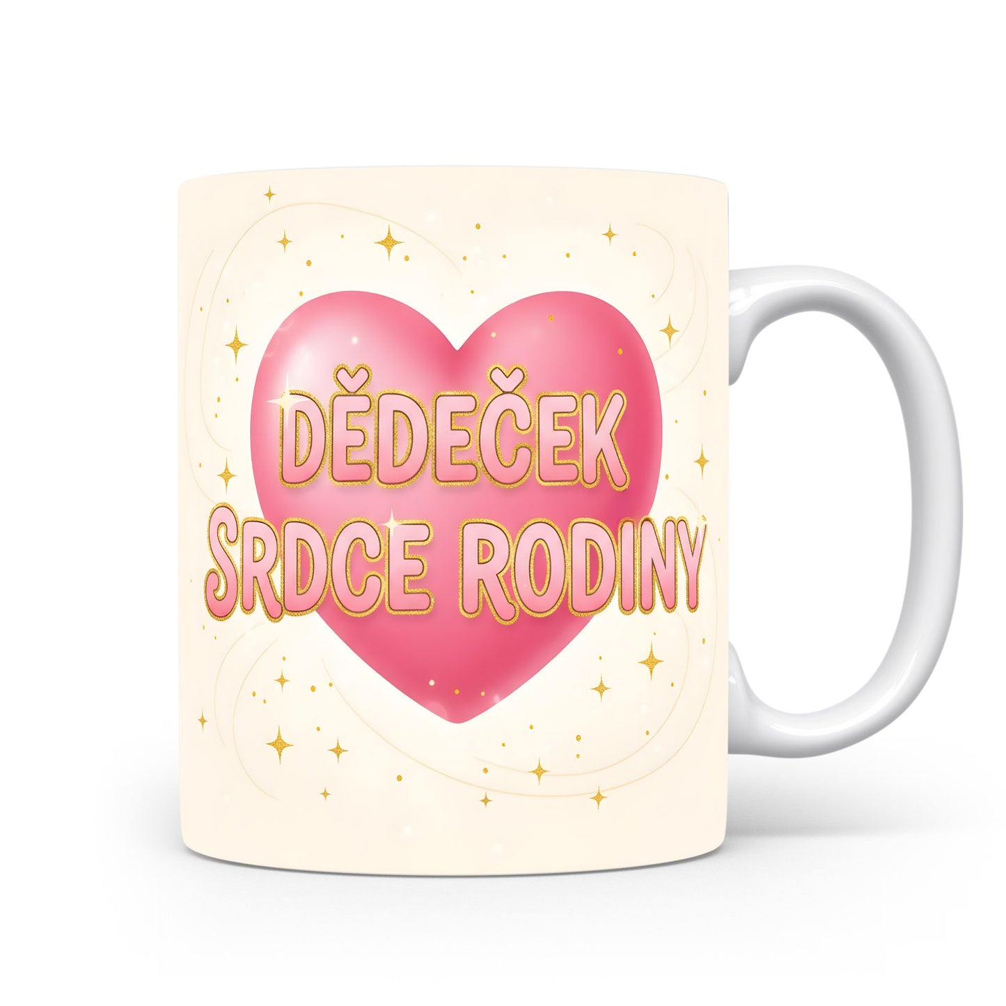 Hrnek s růžovým srdcem a nápisem DĚDEČEK SRDCE RODINY.