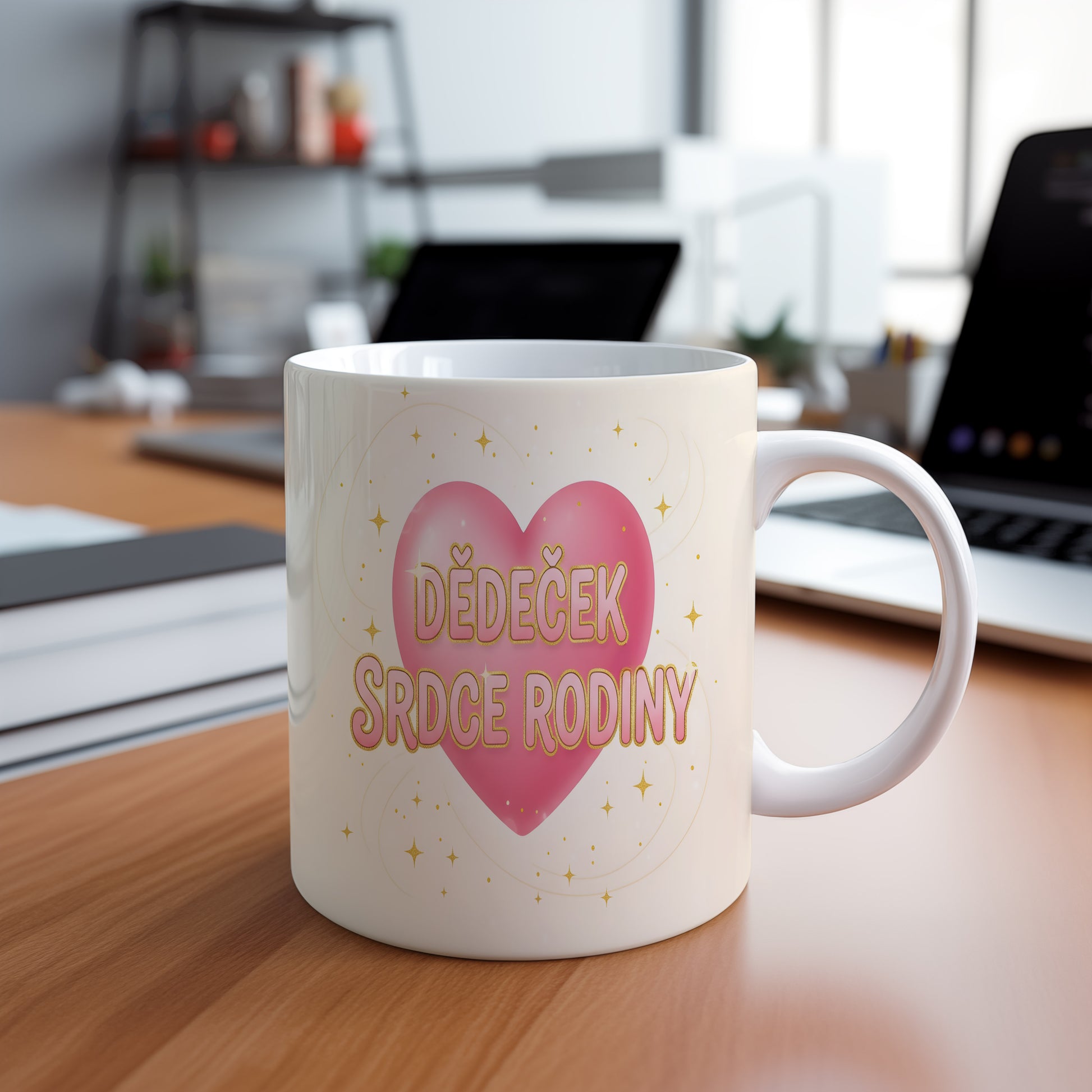Hrnek s růžovým srdcem a nápisem DĚDEČEK SRDCE RODINY.