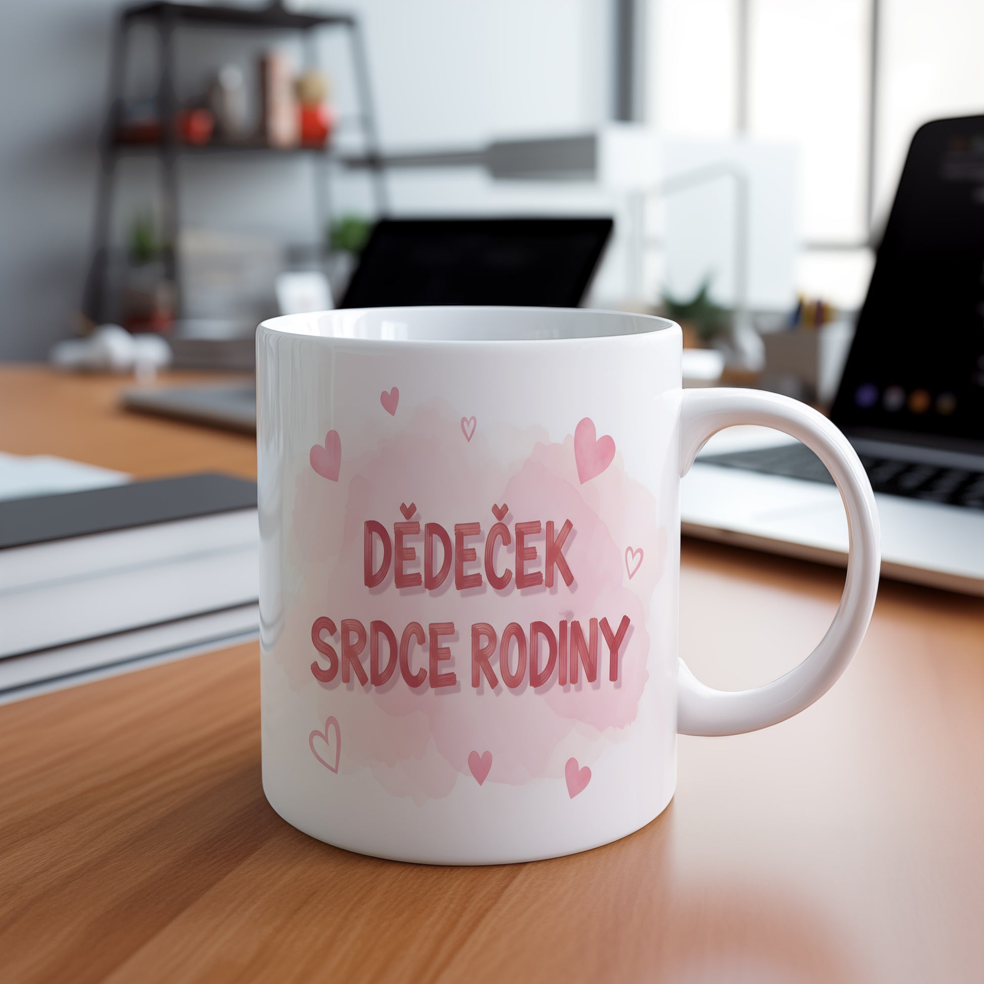 Bílý hrnek s růžovými srdci a nápisem DĚDEČEK SRDCE RODINY.