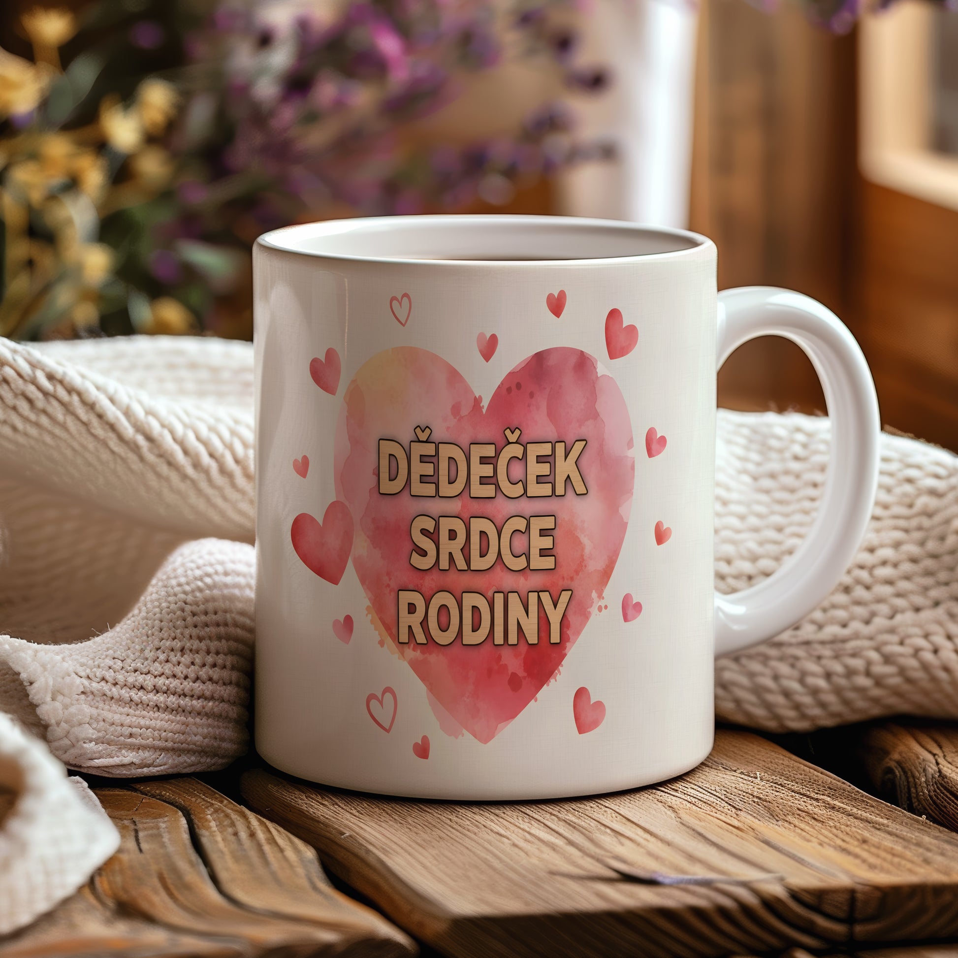 Hrnek s červeným srdcem a nápisem 'DĚDEČEK SRDCE RODINY'.