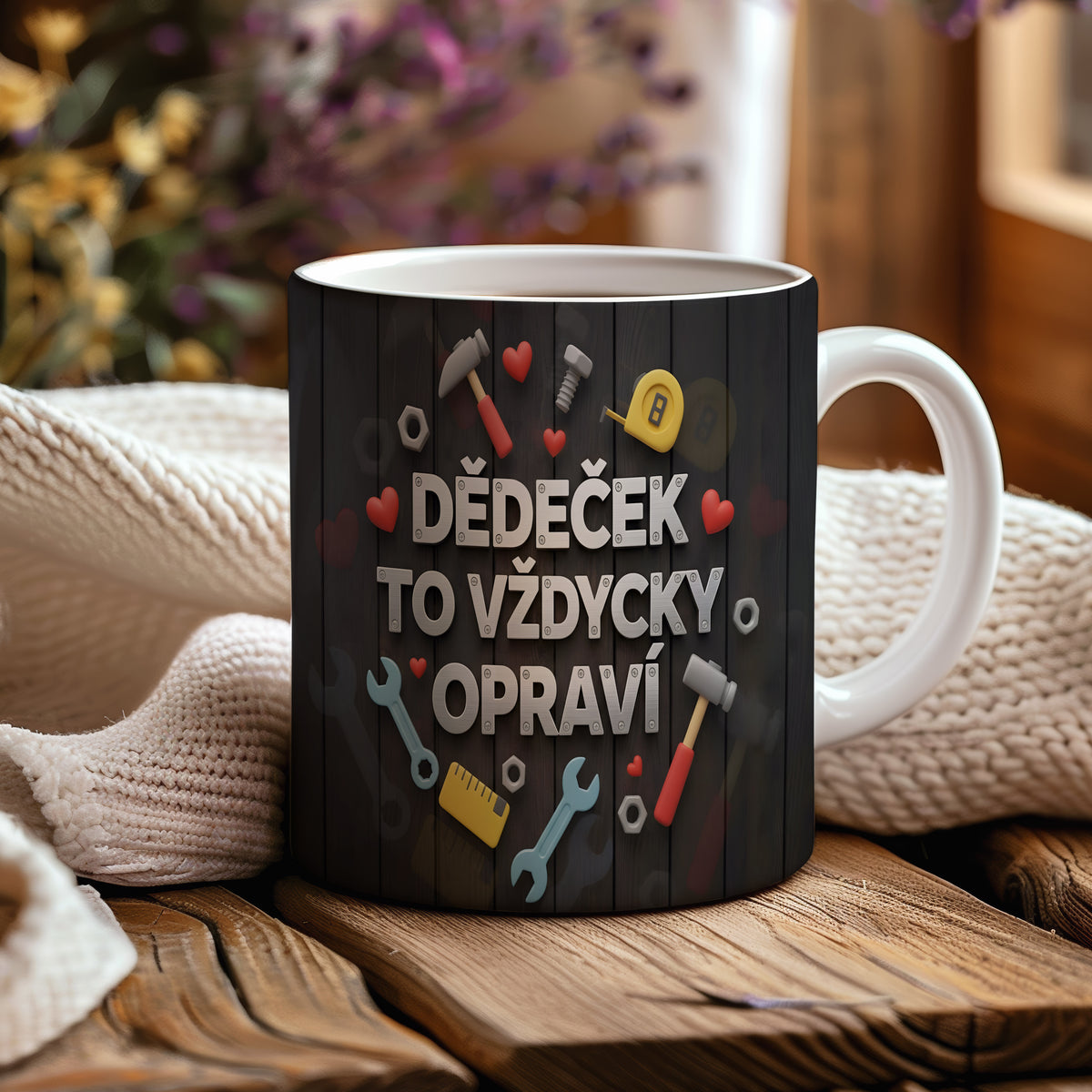 Hrnek s nápisem DĚDEČEK TO VŽDYCKY OPRAVÍ, obklopený nářadím a srdci.