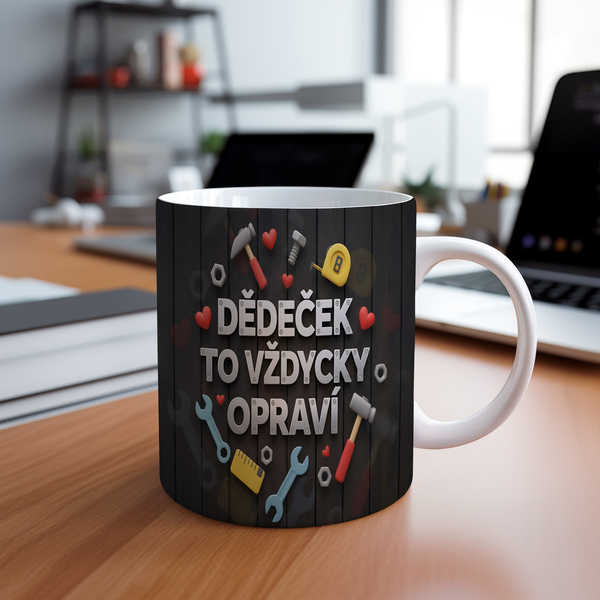 Hrnek s nápisem DĚDEČEK TO VŽDYCKY OPRAVÍ, obklopený nářadím a srdci.