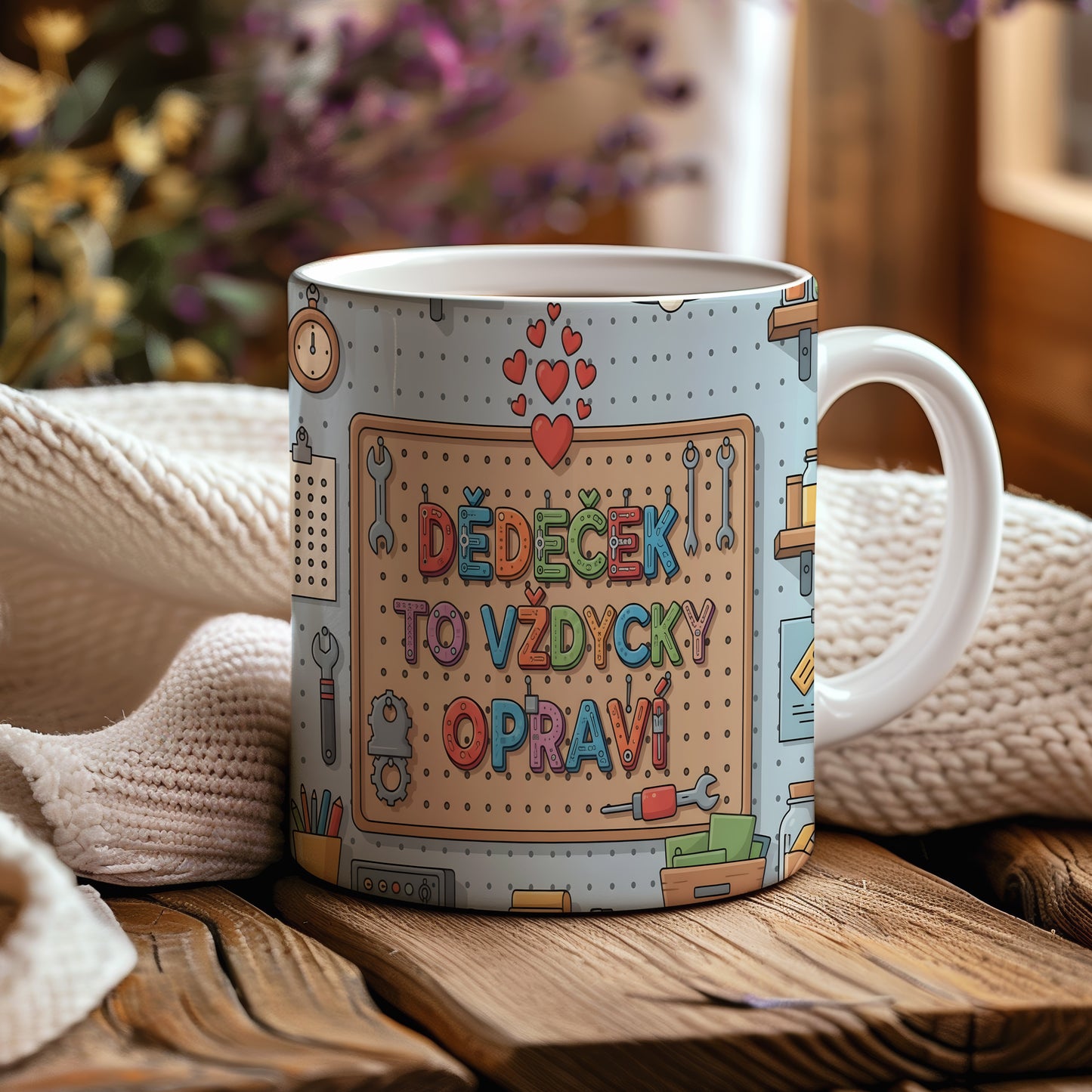 Hravý hrnek s nápisem DĚDEČEK TO VŽDYCKY OPRAVÍ a motivem nástrojů.
