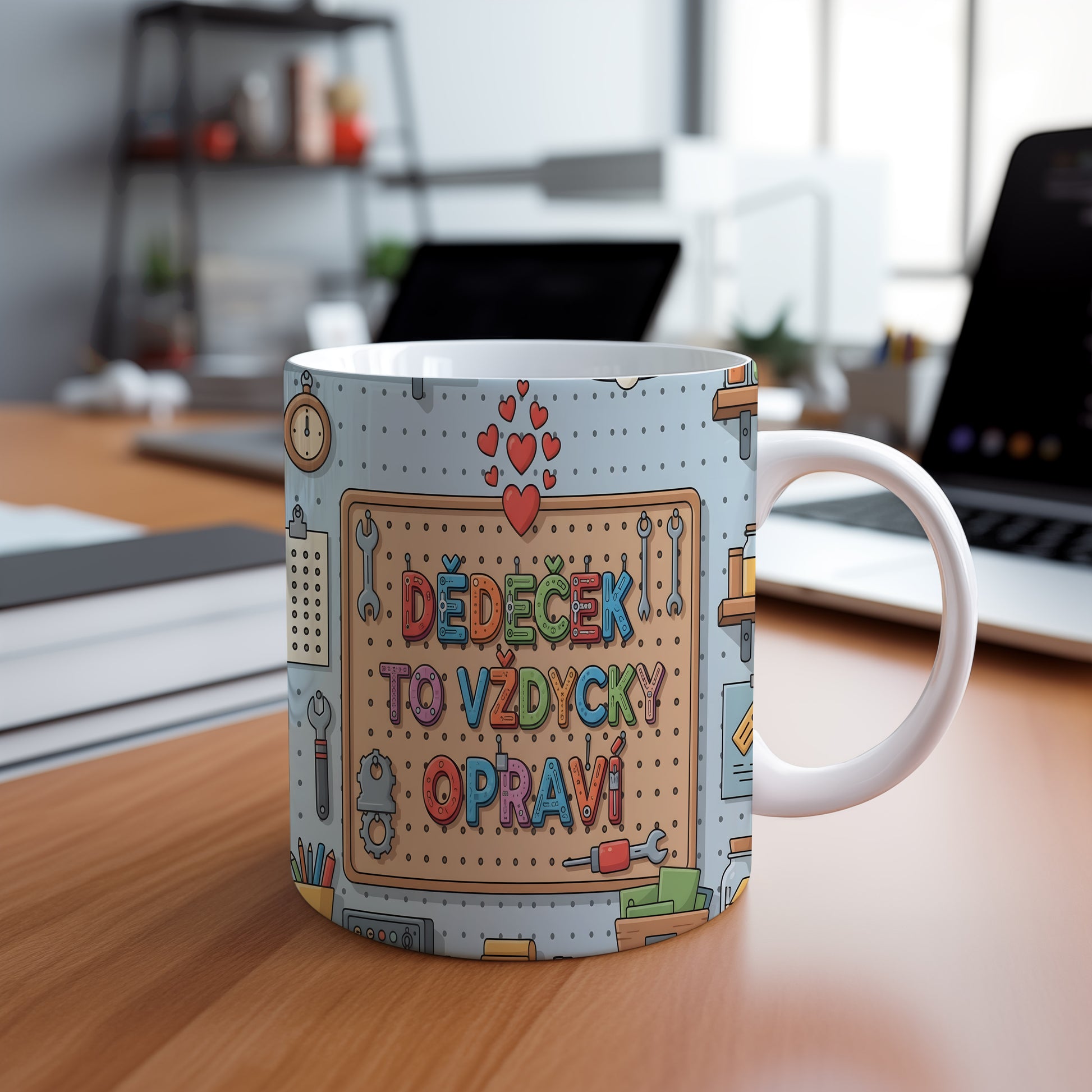 Hravý hrnek s nápisem DĚDEČEK TO VŽDYCKY OPRAVÍ a motivem nástrojů.