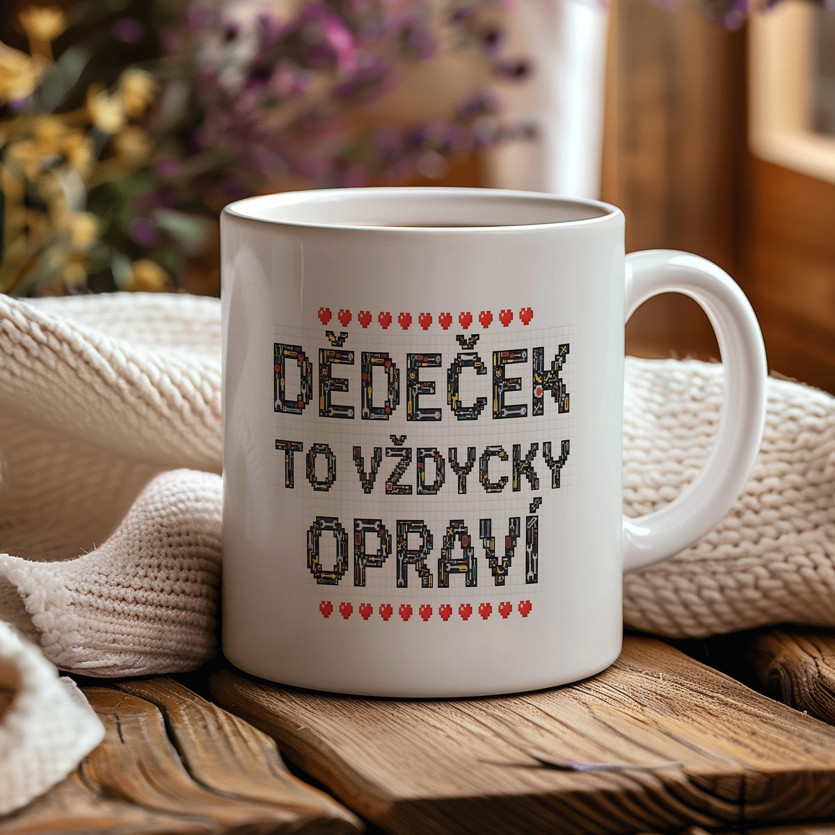 Bílý hrnek s nápisem 'DĚDEČEK TO VŽDYCKY OPRAVÍ' a motivem nástrojů a srdíček.