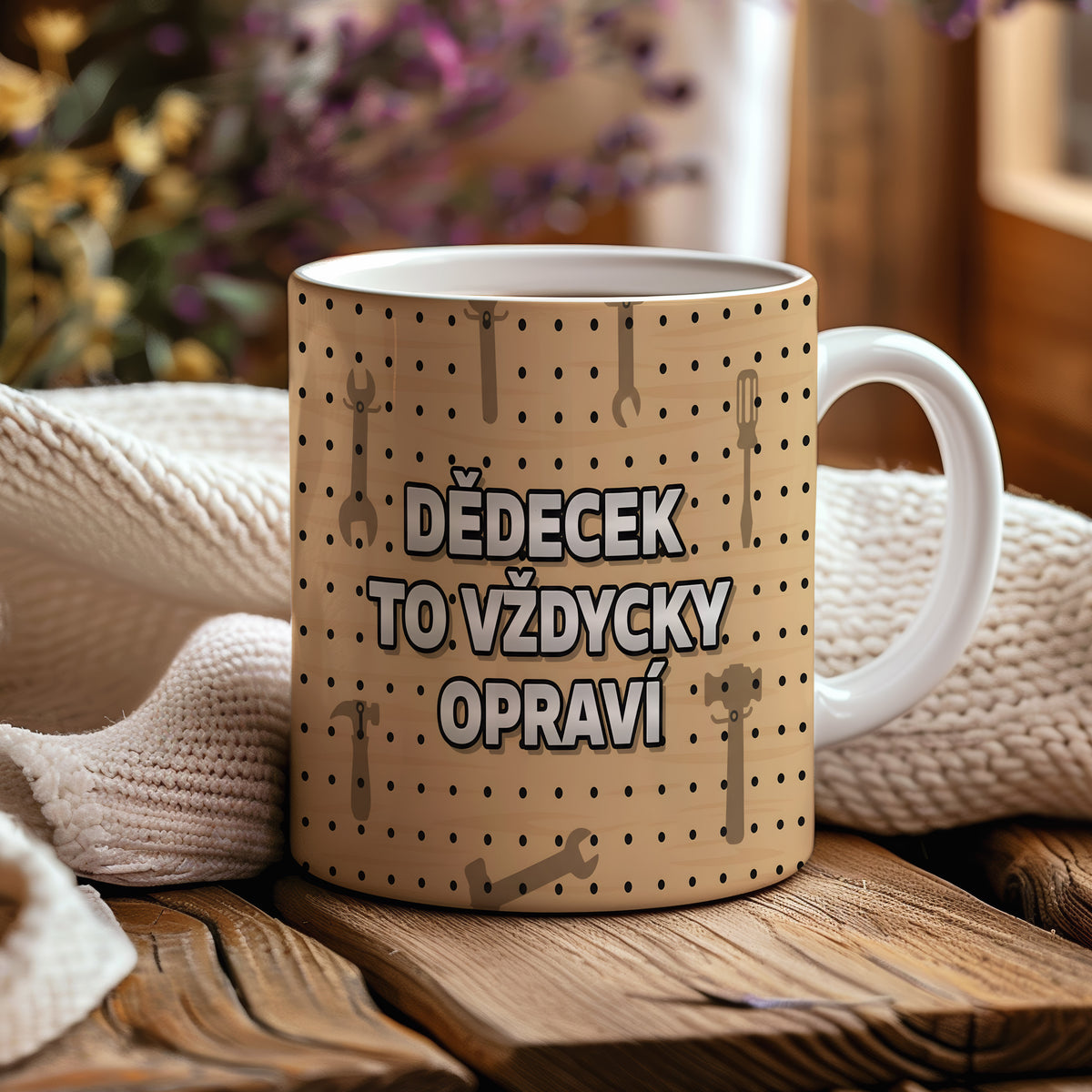 Hrnek s nápisem DĚDEČEK TO VŽDYCKY OPRAVÍ na dřevěném pozadí s nástroji.
