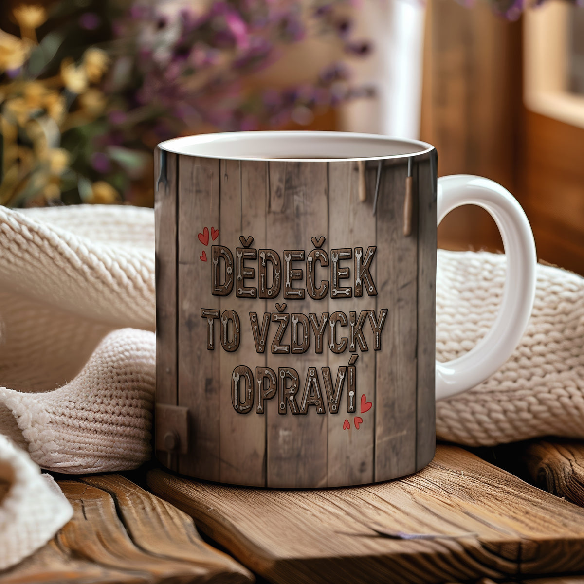 Rustikální hrnek s nápisem DĚDEČEK TO VŽDYCKY OPRAVÍ a motivem nářadí.