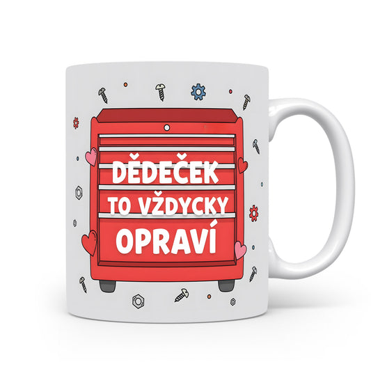 Bílý hrnek s červeným motivem nářadí a srdíček pro dědečka.