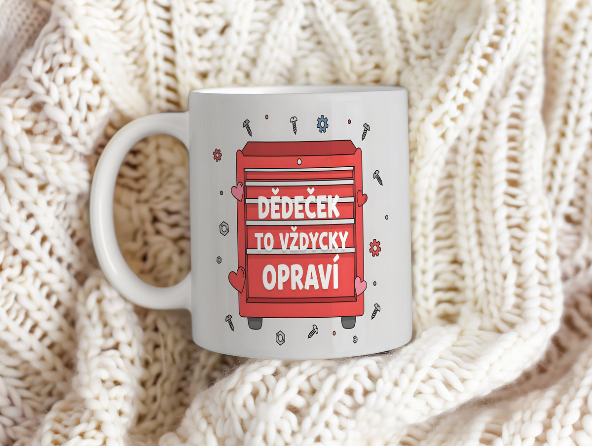 Bílý hrnek s červeným motivem nářadí a srdíček pro dědečka.