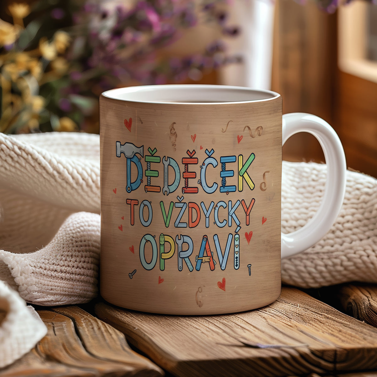 Rustikální hrnek s nápisem 'DĚDEČEK TO VŽDYCKY OPRAVÍ' a motivem nástrojů a srdcí.