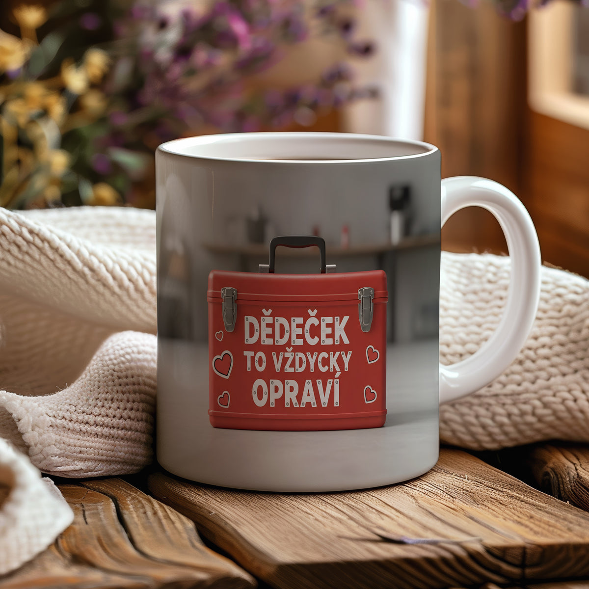 Červený hrnek s nápisem 'DĚDEČEK TO VŽDYCKY OPRAVÍ' a motivem srdcí.