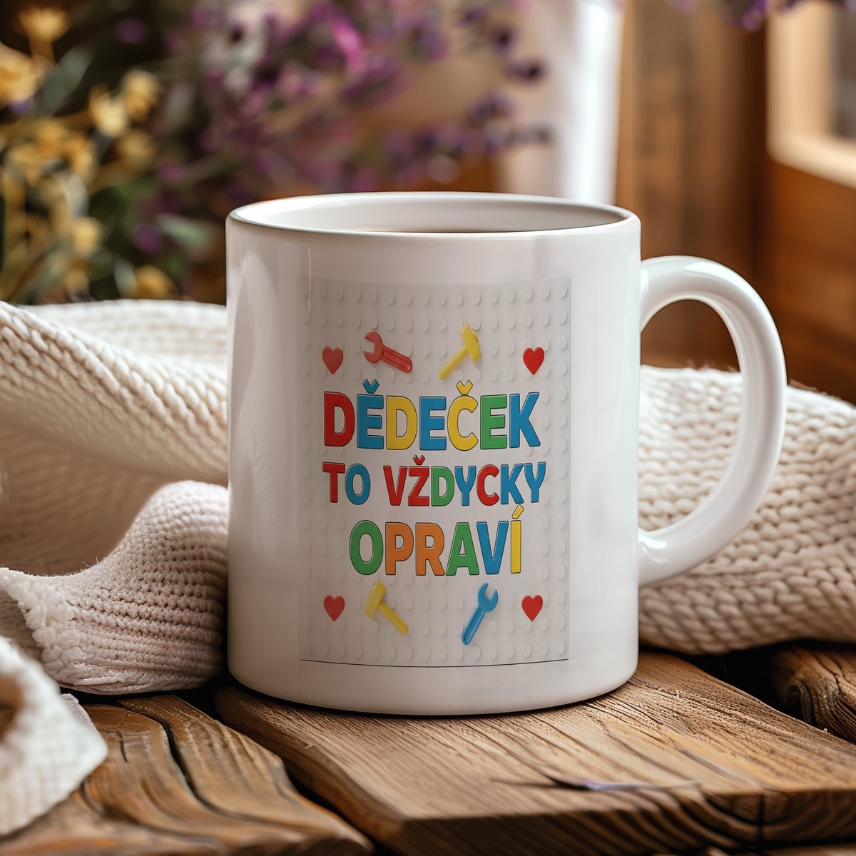 Hravý hrnek s nápisem DĚDEČEK TO VŽDYCKY OPRAVÍ a barevnými nástroji.