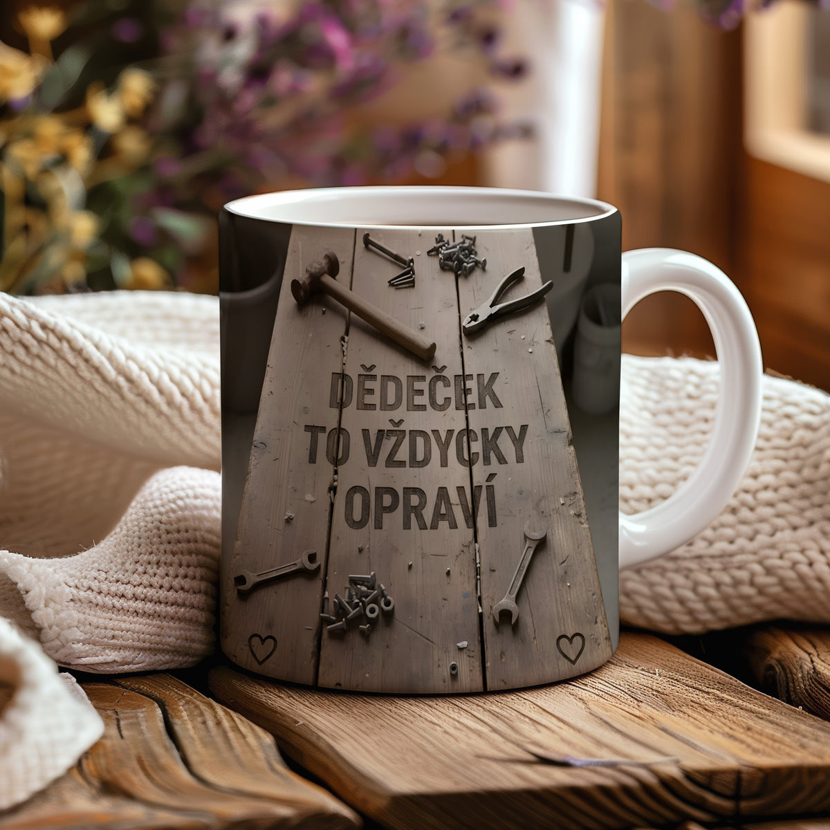Hrnek s nápisem 'DĚDEČEK TO VŽDYCKY OPRAVÍ' na dřevěném pozadí s nástroji.