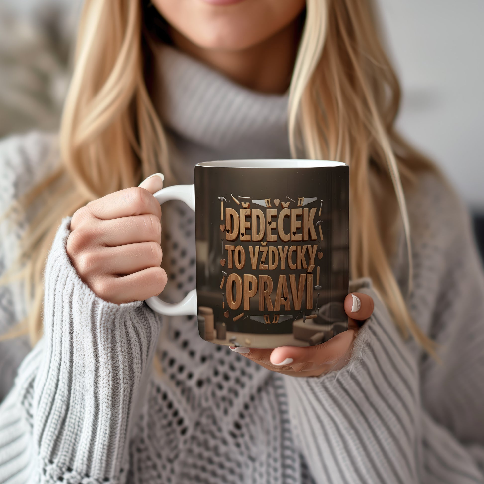 Hnědý hrnek s nápisem 'DĚDEČEK TO VŽDYCKY OPRAVÍ' a motivem nástrojů.