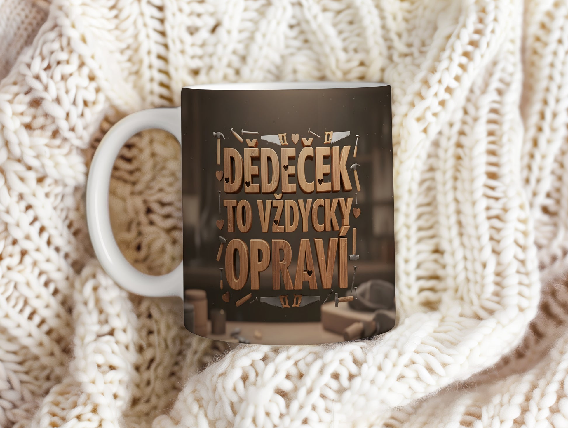 Hnědý hrnek s nápisem 'DĚDEČEK TO VŽDYCKY OPRAVÍ' a motivem nástrojů.