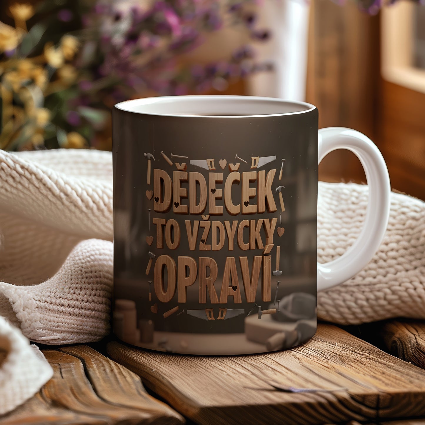 Hnědý hrnek s nápisem 'DĚDEČEK TO VŽDYCKY OPRAVÍ' a motivem nástrojů.