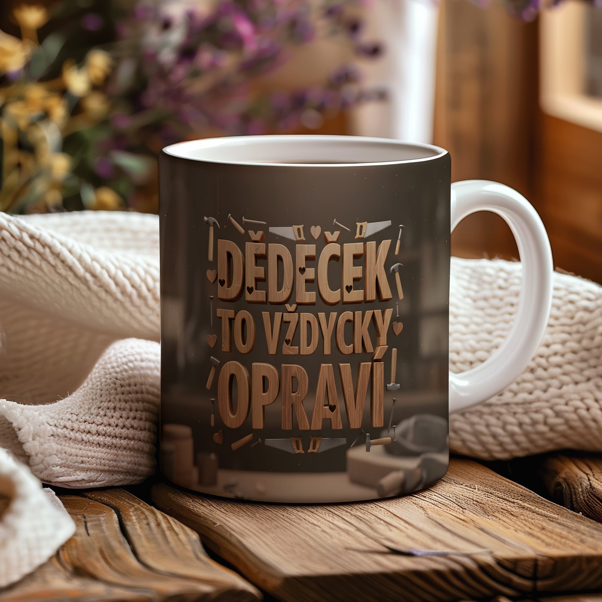 Hnědý hrnek s nápisem 'DĚDEČEK TO VŽDYCKY OPRAVÍ' a motivem nástrojů.