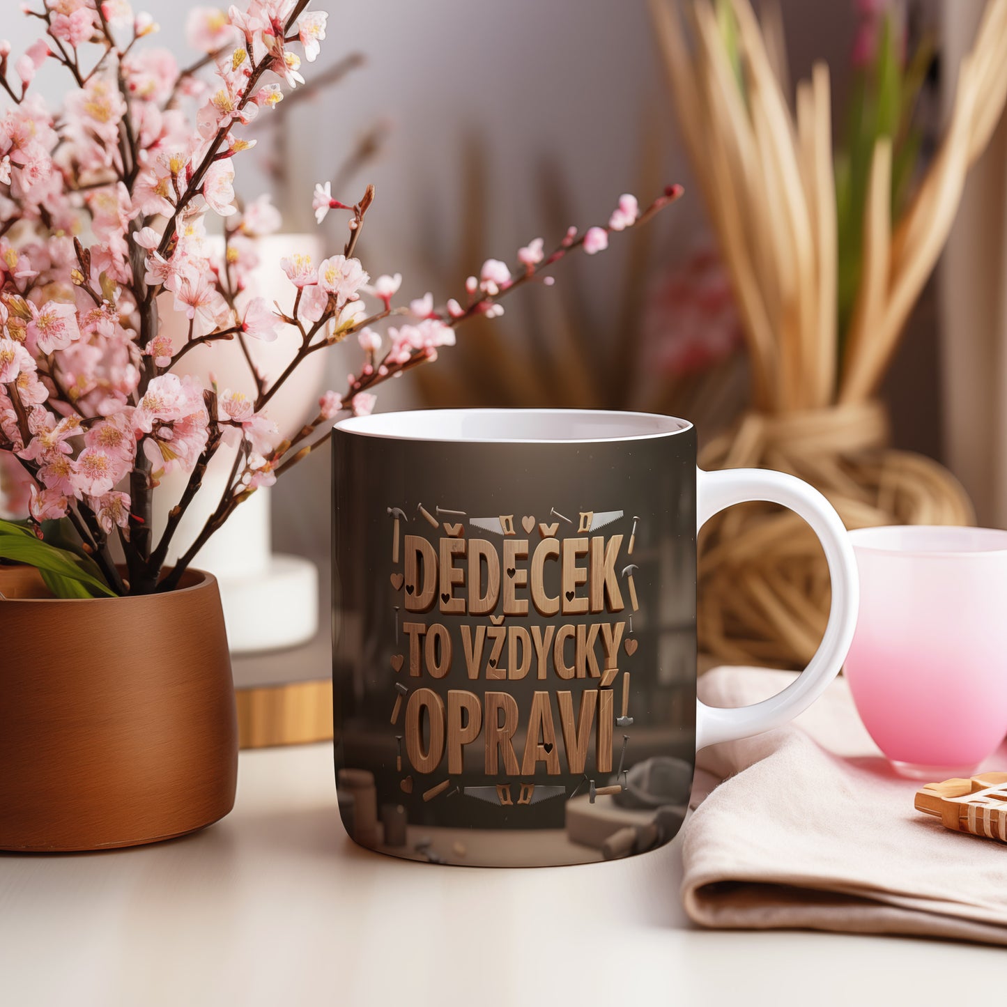 Hnědý hrnek s nápisem 'DĚDEČEK TO VŽDYCKY OPRAVÍ' a motivem nástrojů.