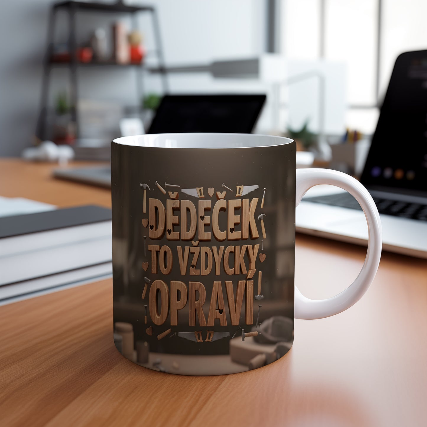 Hnědý hrnek s nápisem 'DĚDEČEK TO VŽDYCKY OPRAVÍ' a motivem nástrojů.