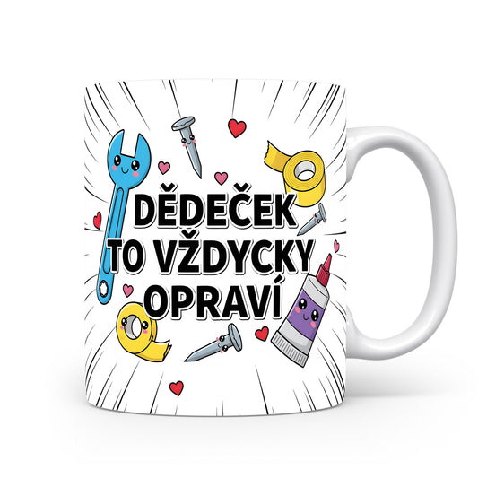 Hrnek s motivem nástrojů a srdíček pro dědečka.