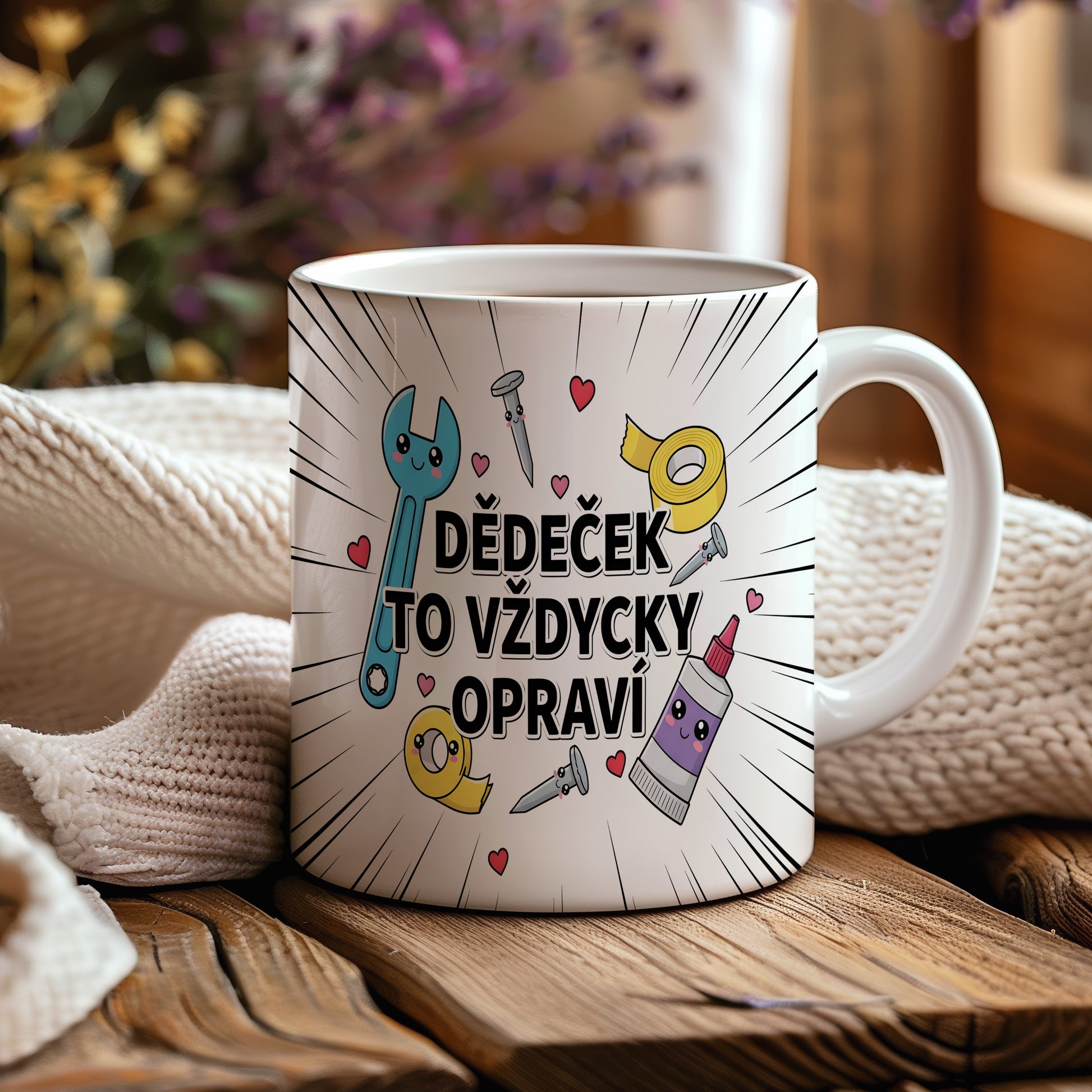 Hrnek s motivem nástrojů a srdíček pro dědečka.
