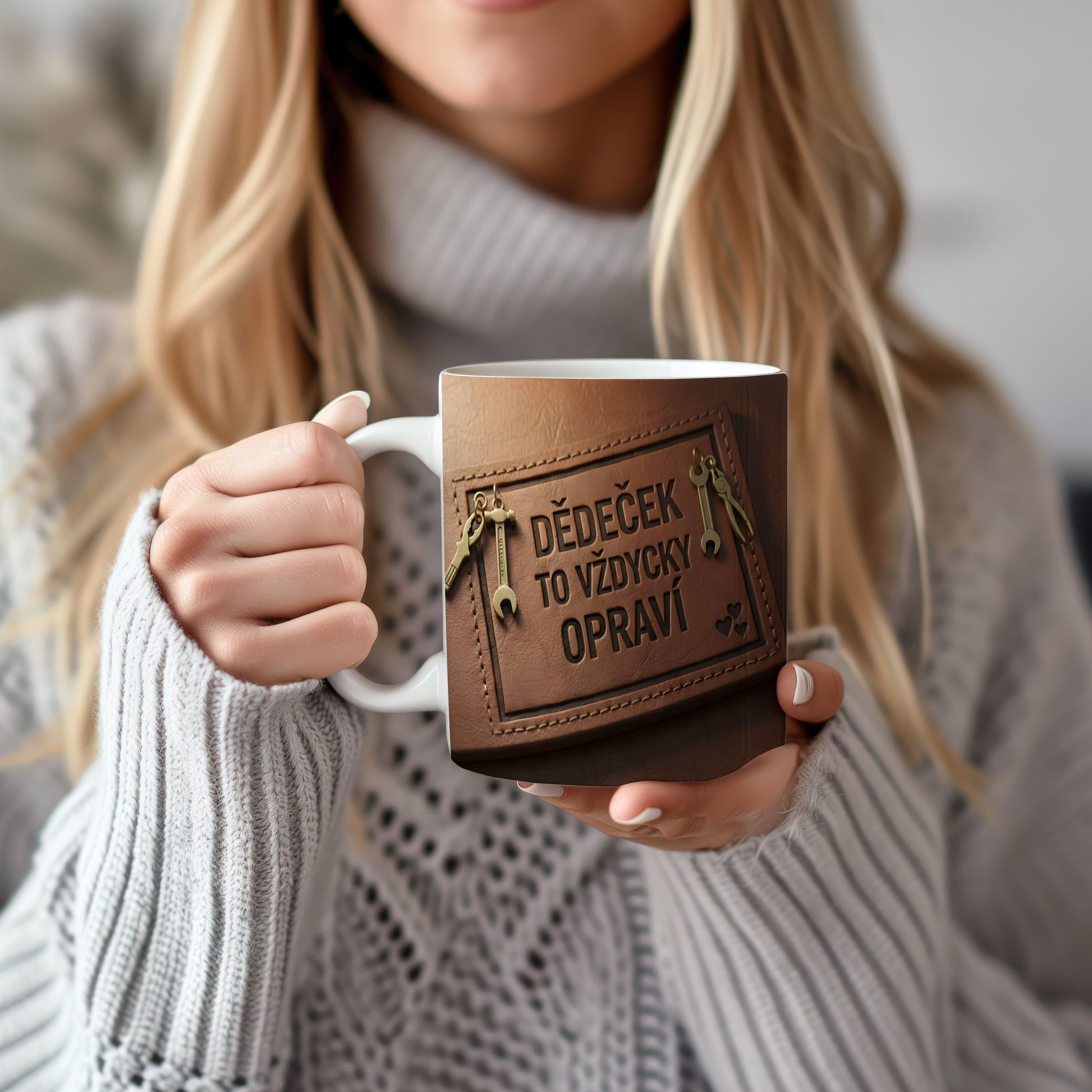 Hnědý hrnek s motivem nářadí a textem 'DĚDEČEK TO VŽDYCKY OPRAVÍ'.