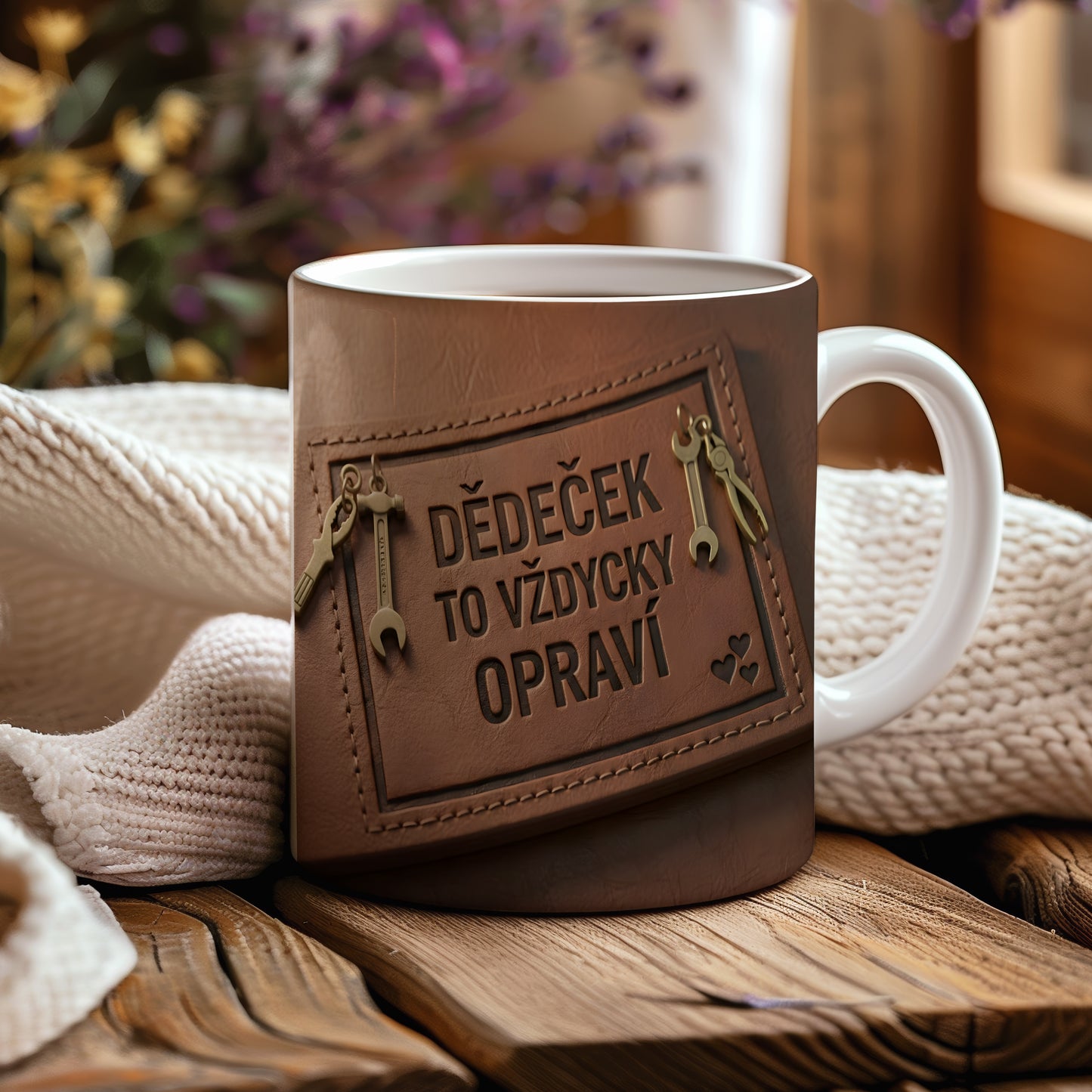 Hnědý hrnek s motivem nářadí a textem 'DĚDEČEK TO VŽDYCKY OPRAVÍ'.