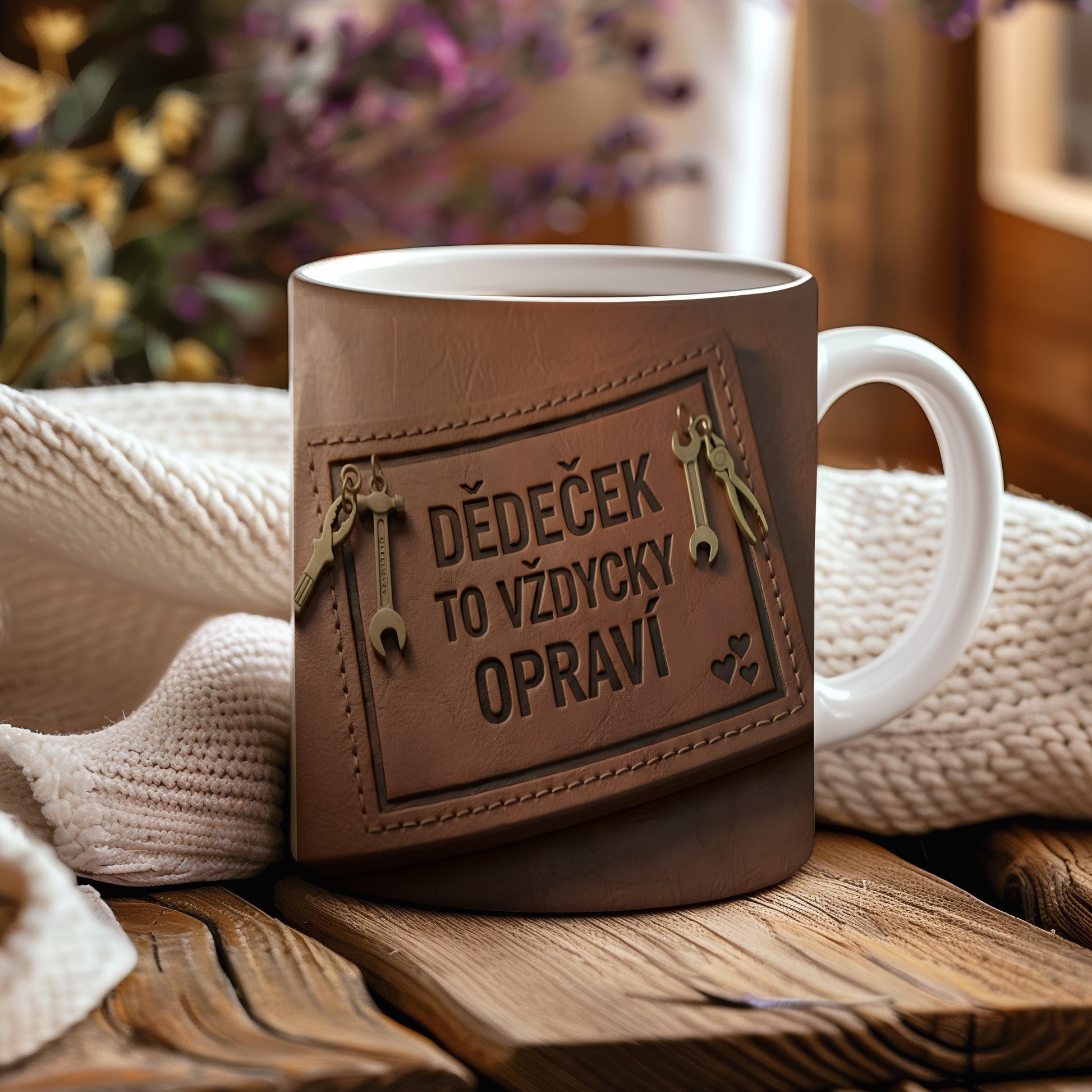 Hnědý hrnek s motivem nářadí a textem 'DĚDEČEK TO VŽDYCKY OPRAVÍ'.