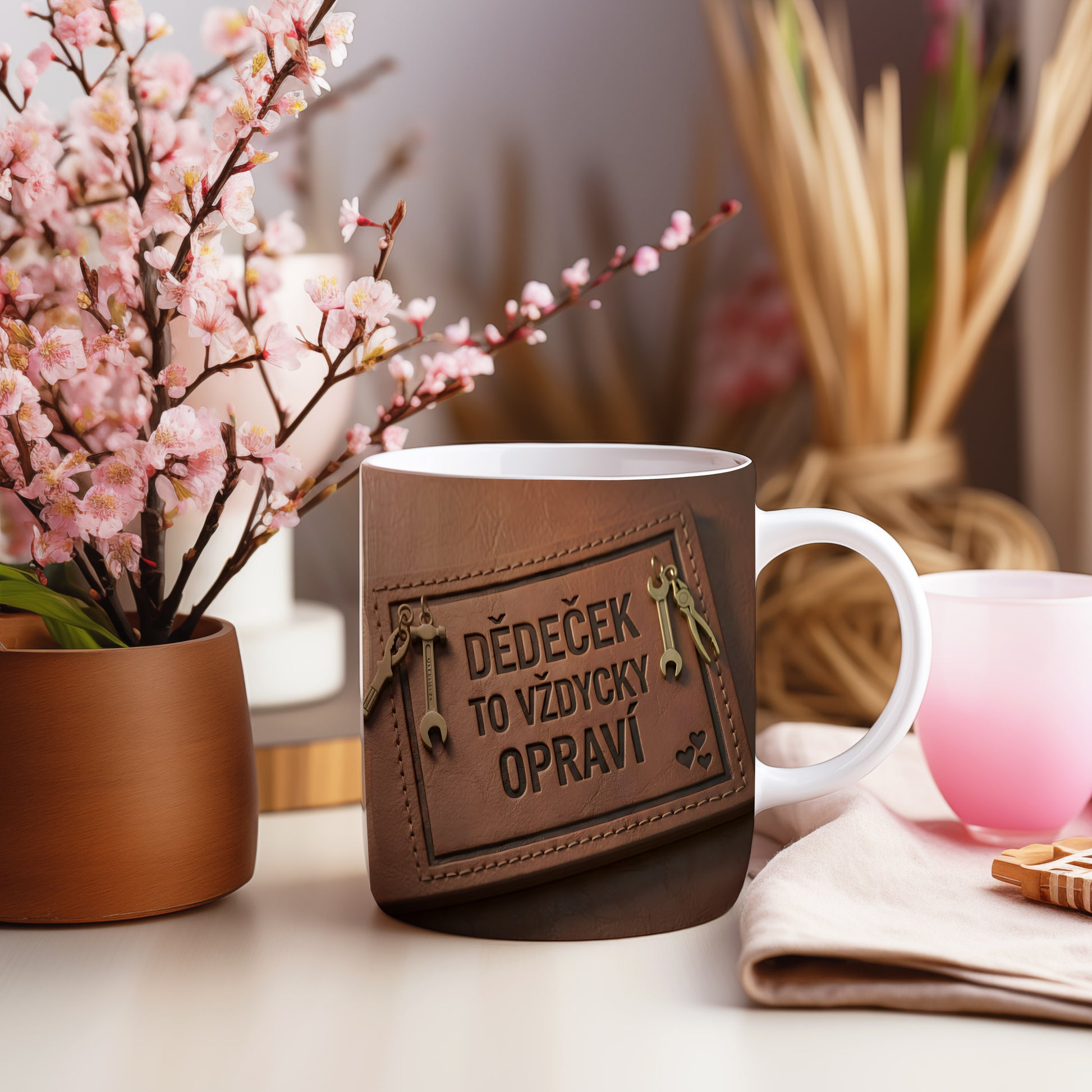 Hnědý hrnek s motivem nářadí a textem 'DĚDEČEK TO VŽDYCKY OPRAVÍ'.