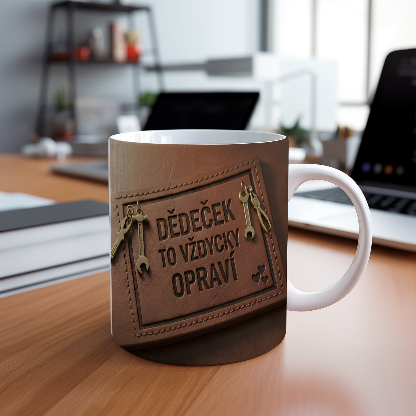 Hnědý hrnek s motivem nářadí a textem 'DĚDEČEK TO VŽDYCKY OPRAVÍ'.