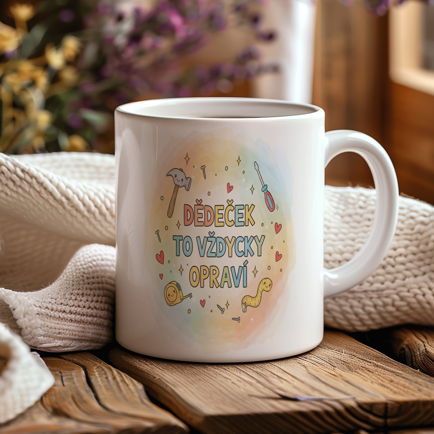 Hrnek s nápisem 'DĚDEČEK TO VŽDYCKY OPRAVÍ' a motivy nástrojů a srdcí.