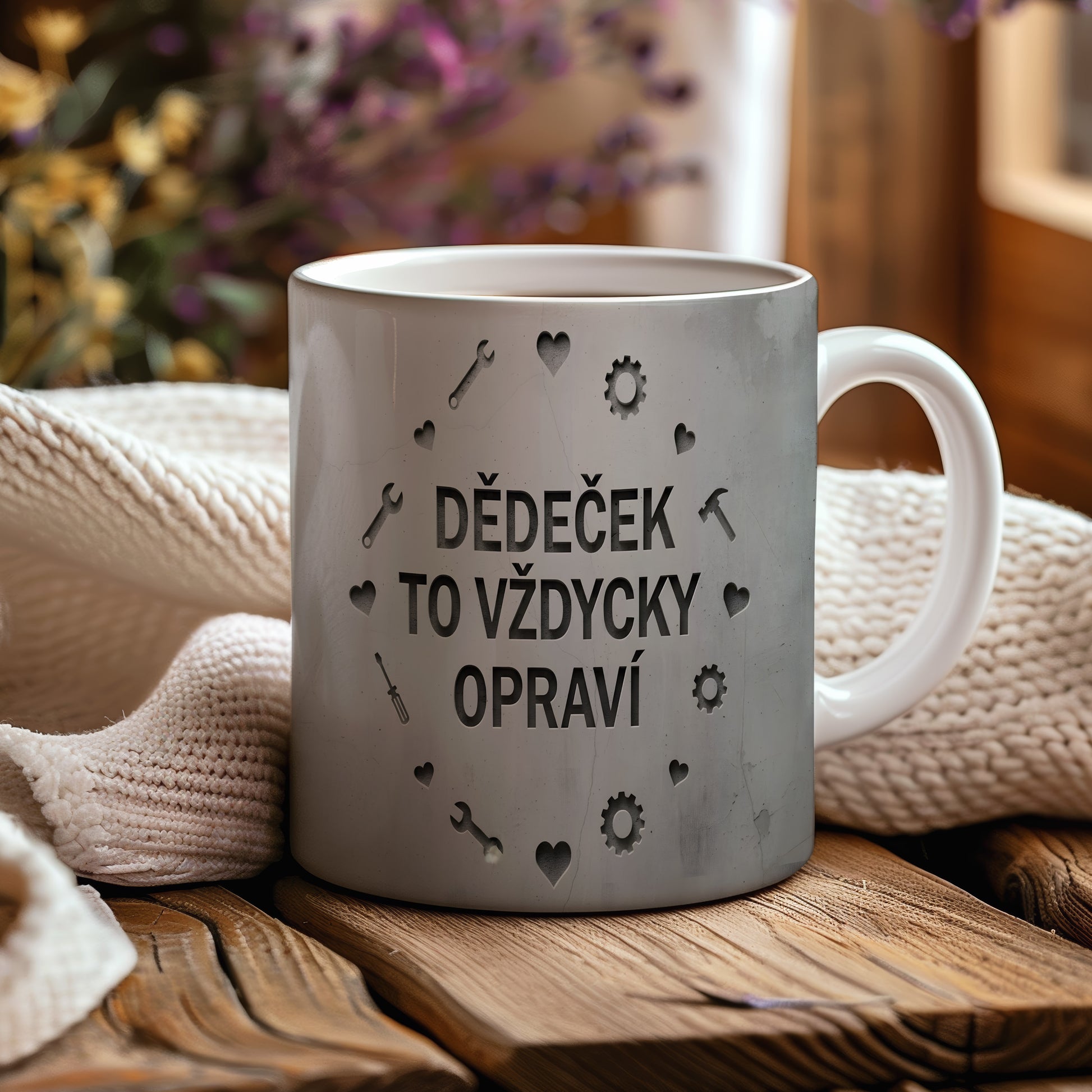 Hrnek s nápisem 'DĚDEČEK TO VŽDYCKY OPRAVÍ' a motivem nářadí na betonovém pozadí.